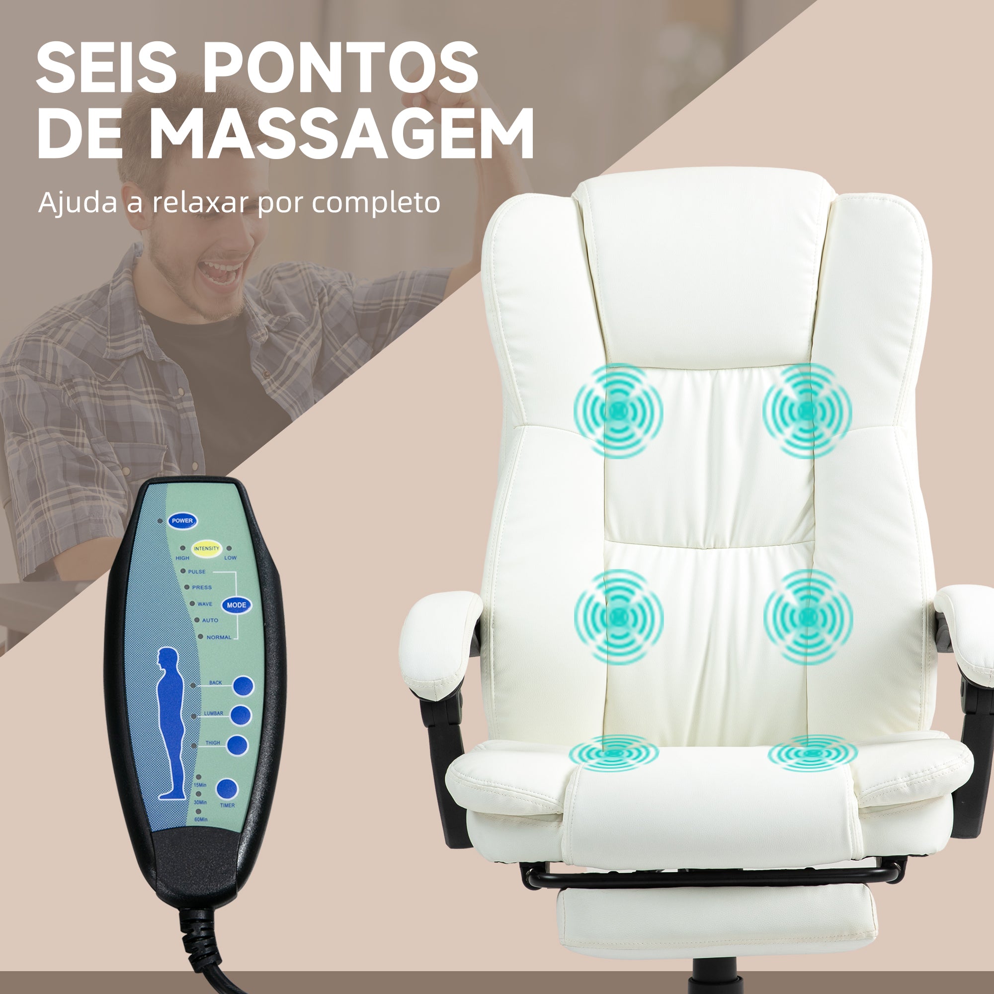 Cadeira de Escritório com Massagem 6 Pontos de Vibração Creme 68,5x68,5x113-121cm