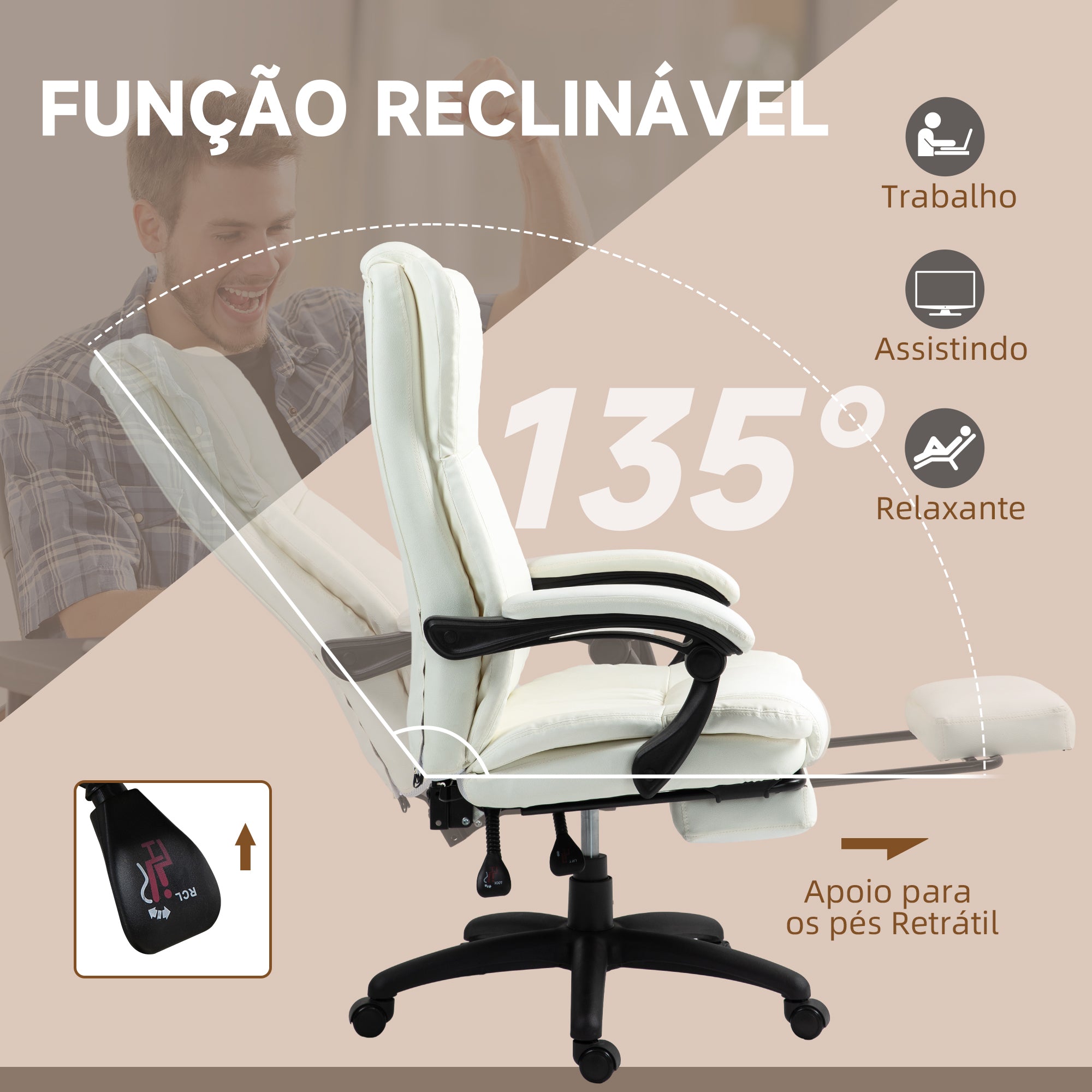 Cadeira de Escritório com Massagem 6 Pontos de Vibração Creme 68,5x68,5x113-121cm