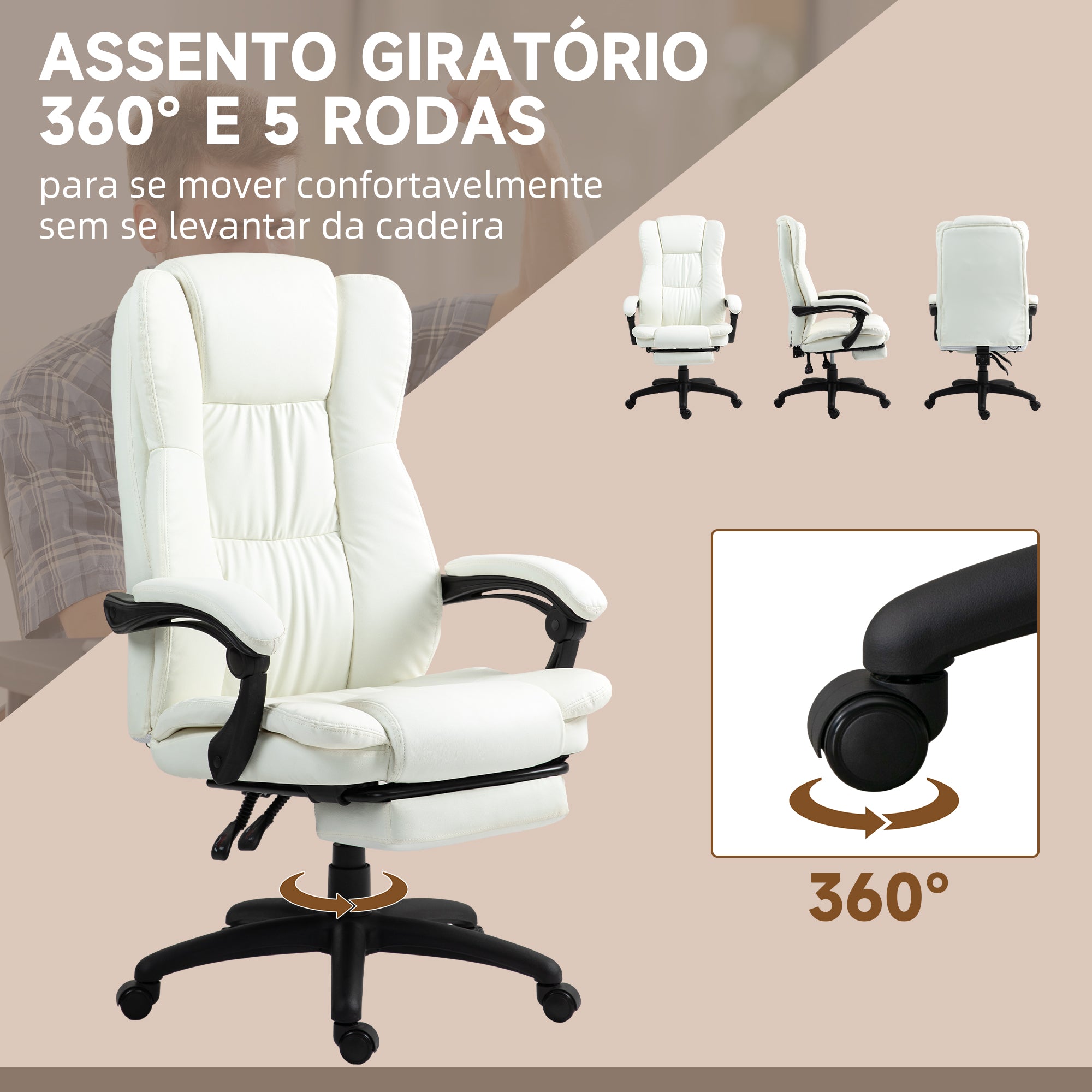 Cadeira de Escritório com Massagem 6 Pontos de Vibração Creme 68,5x68,5x113-121cm