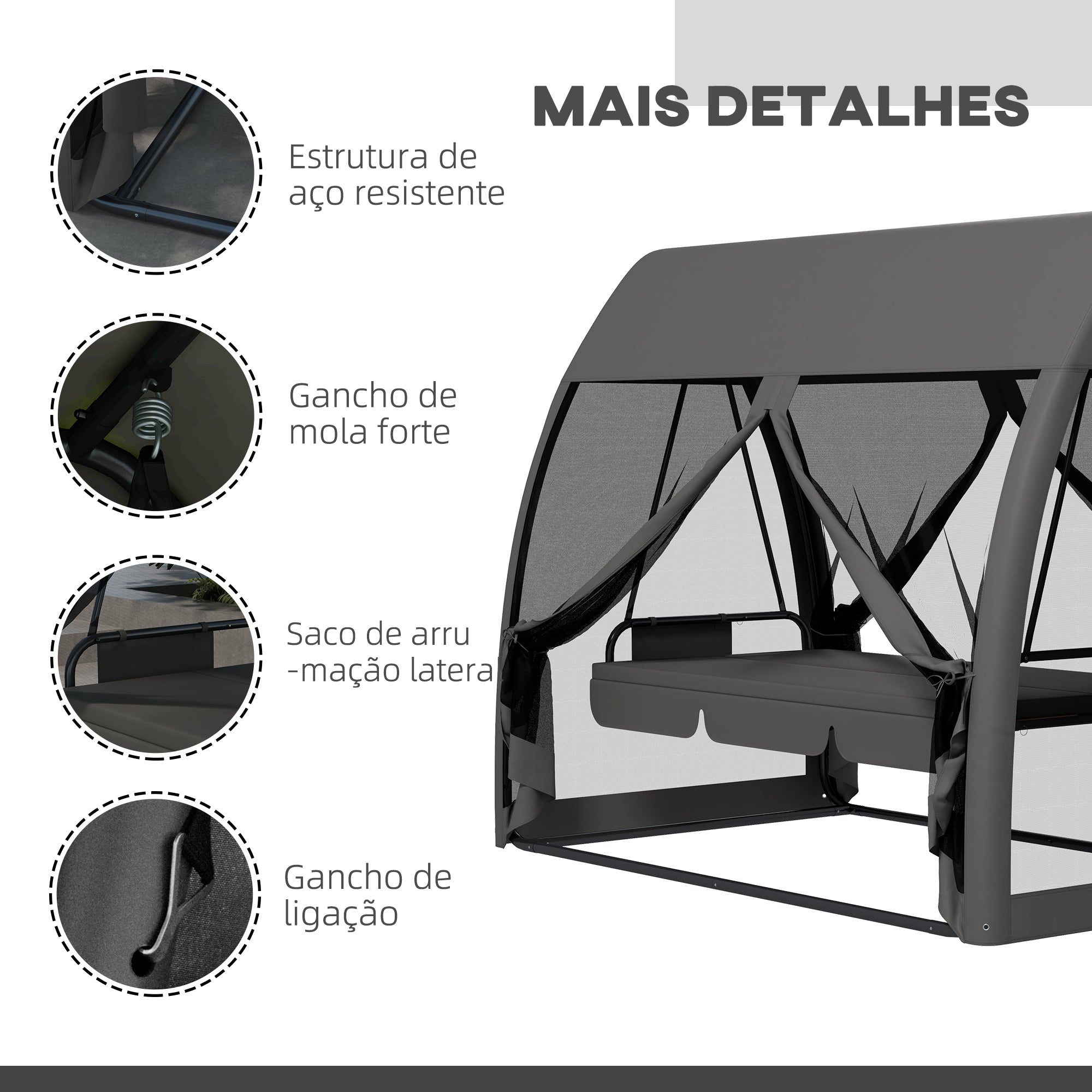 Baloiço de Jardim 3 Lugares Convertível em Cama 240x140x197 cm - Cinza Escuro