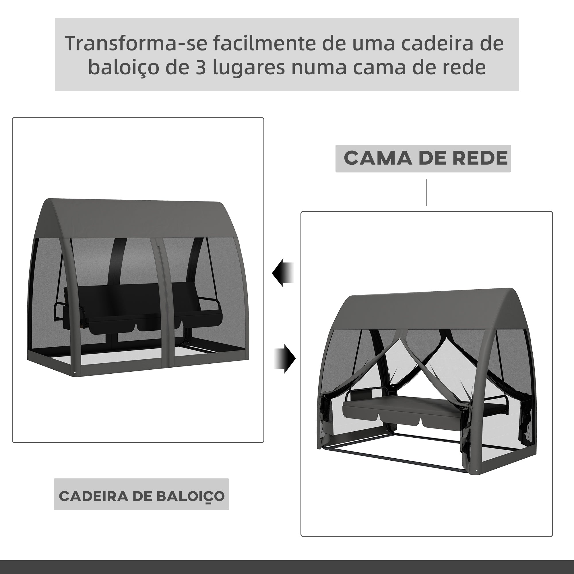 Baloiço de Jardim 3 Lugares Convertível em Cama 240x140x197 cm - Cinza Escuro