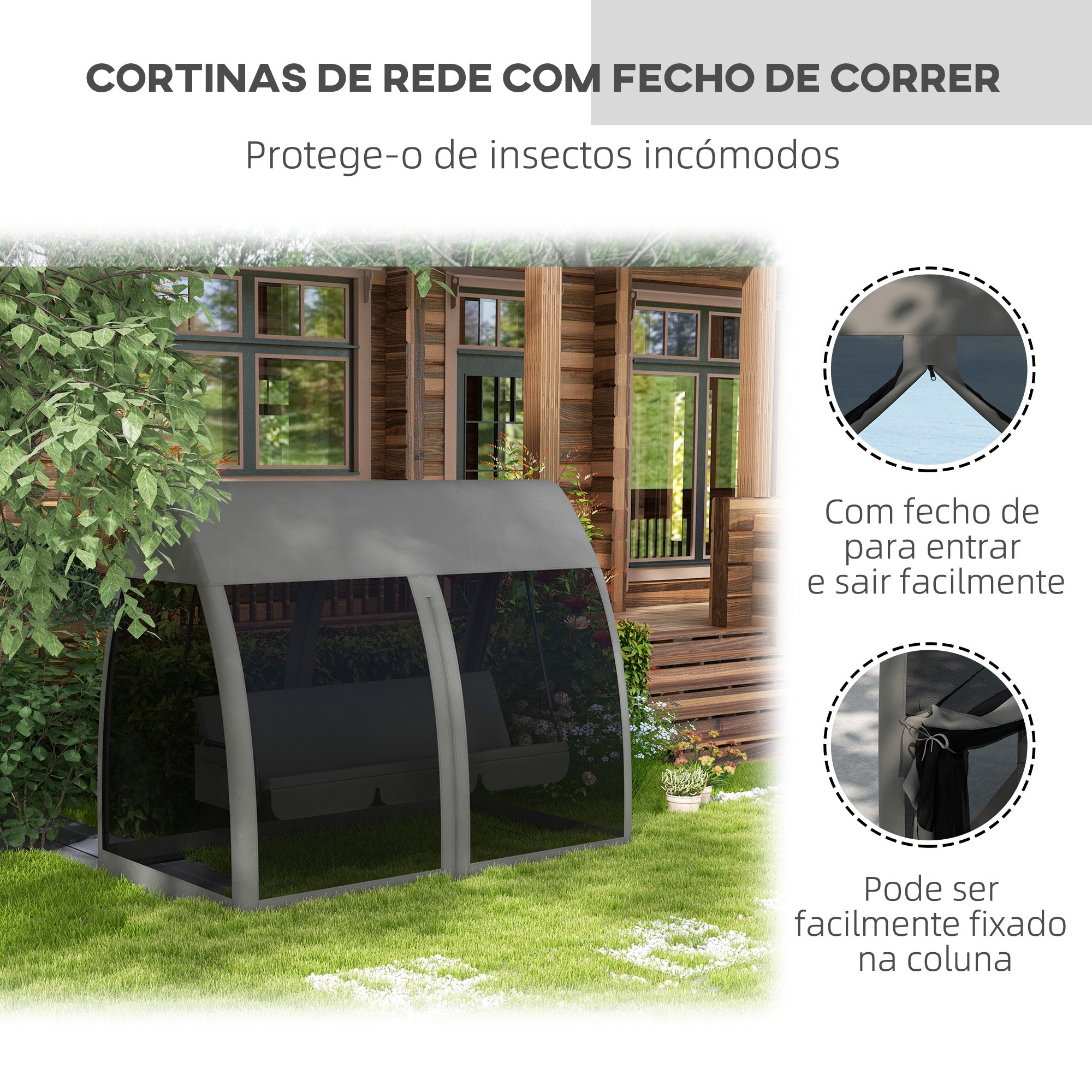 Baloiço de Jardim 3 Lugares Convertível em Cama 240x140x197 cm - Cinza Escuro