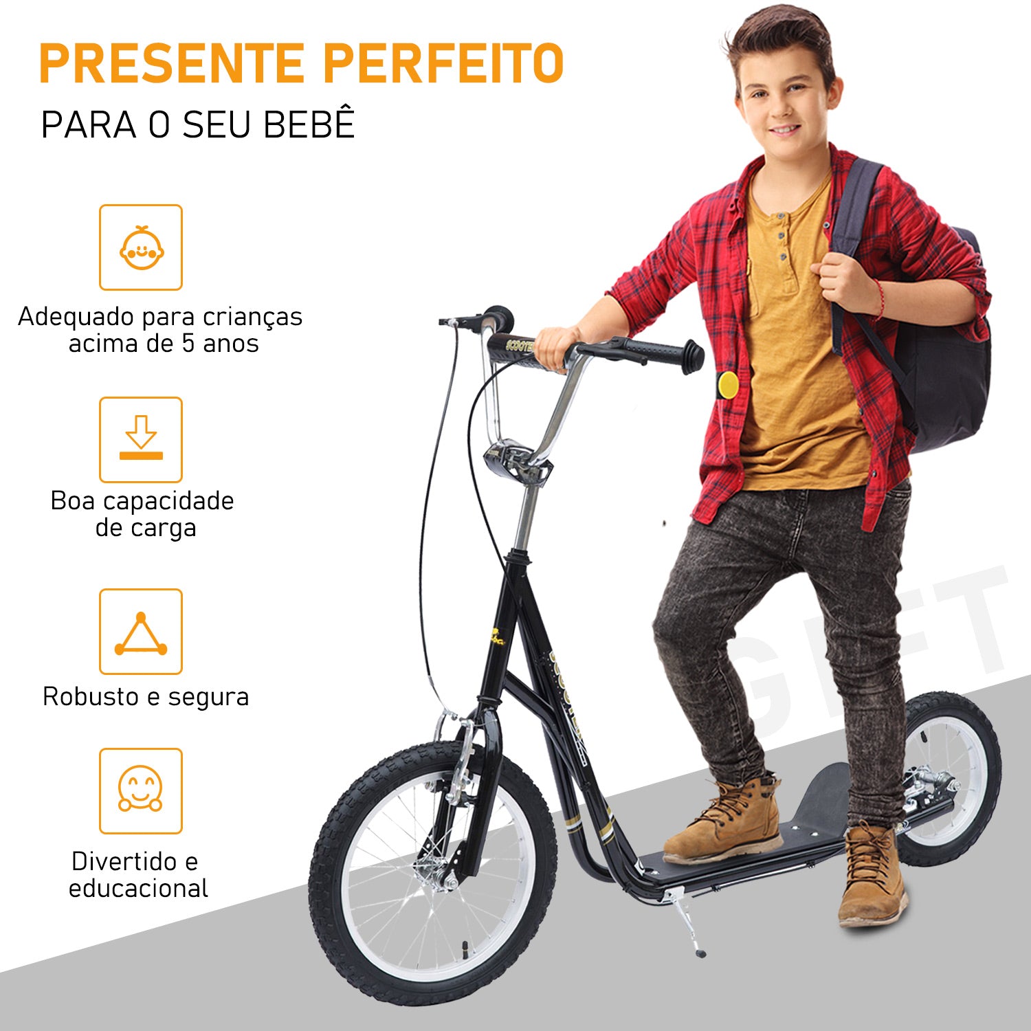 Trotinete para Crianças acima de 5 anos com Duplo Freio e Guidão Ajustável 125x58x92-100cm Preto