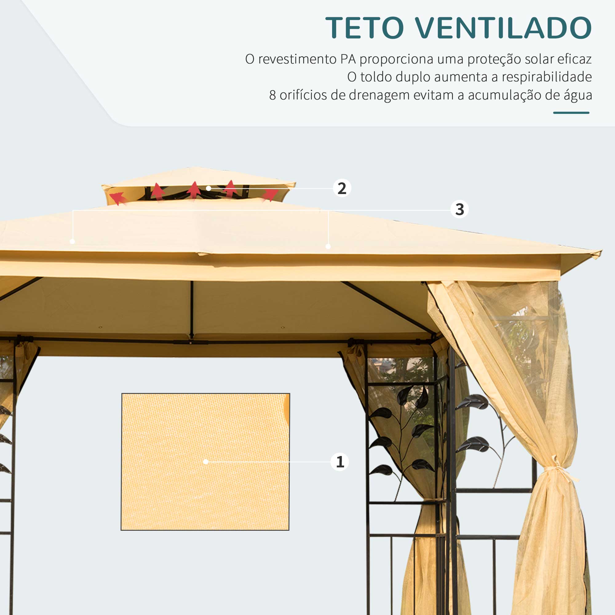 Pérgola de Jardim Bege 300x300x265 cm com Teto Duplo e Mosquiteira