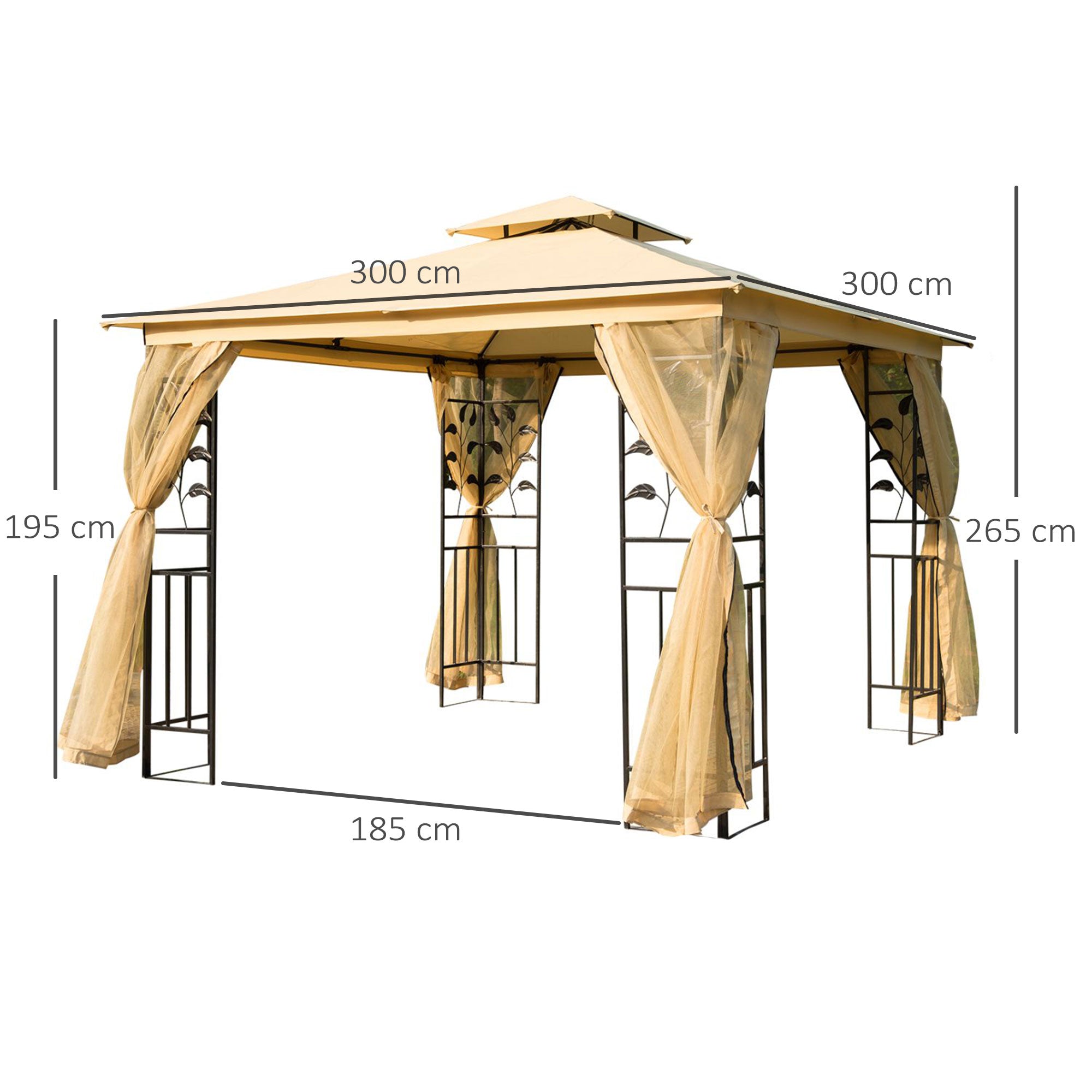 Pérgola de Jardim Bege 300x300x265 cm com Teto Duplo e Mosquiteira