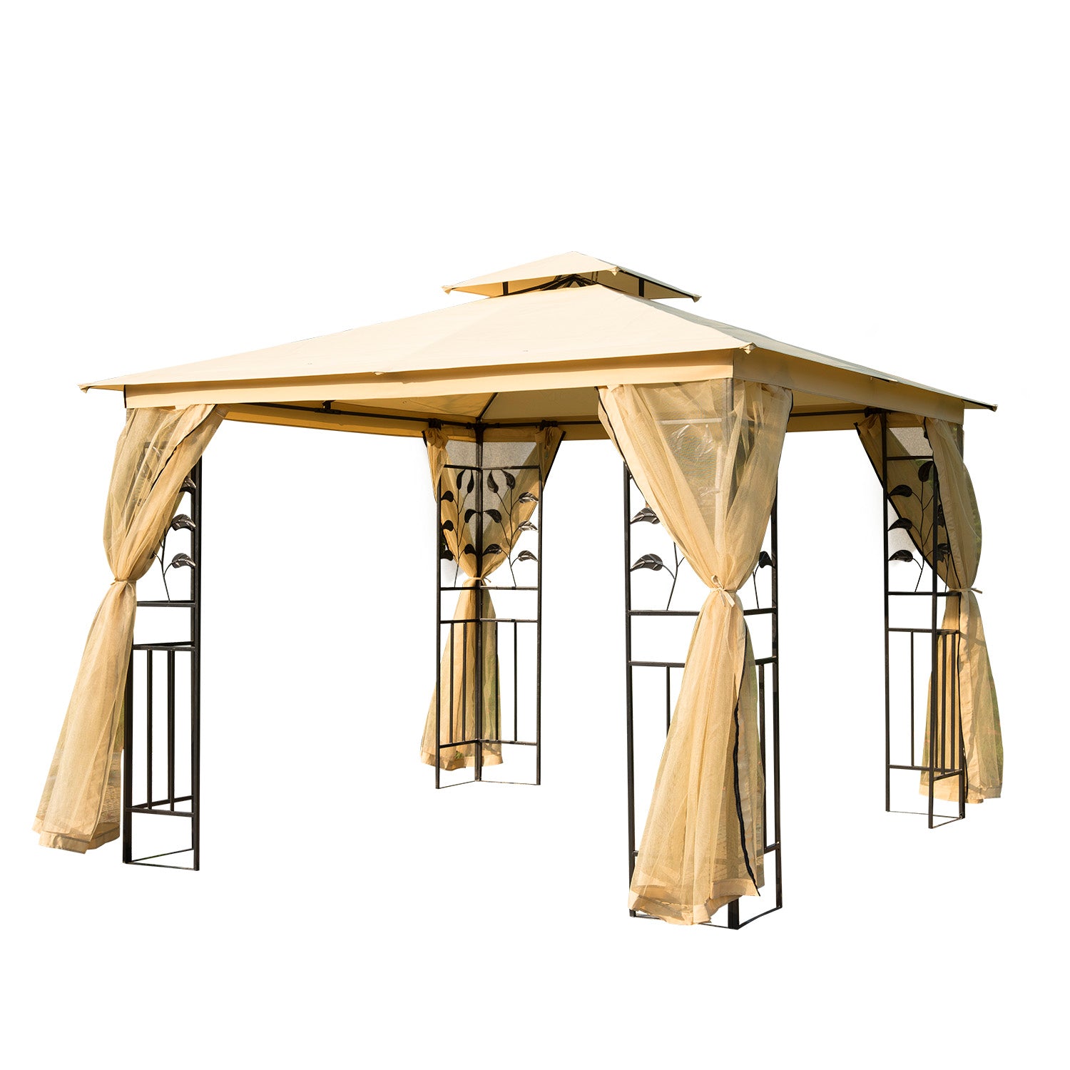 Pérgola de Jardim Bege 300x300x265 cm com Teto Duplo e Mosquiteira