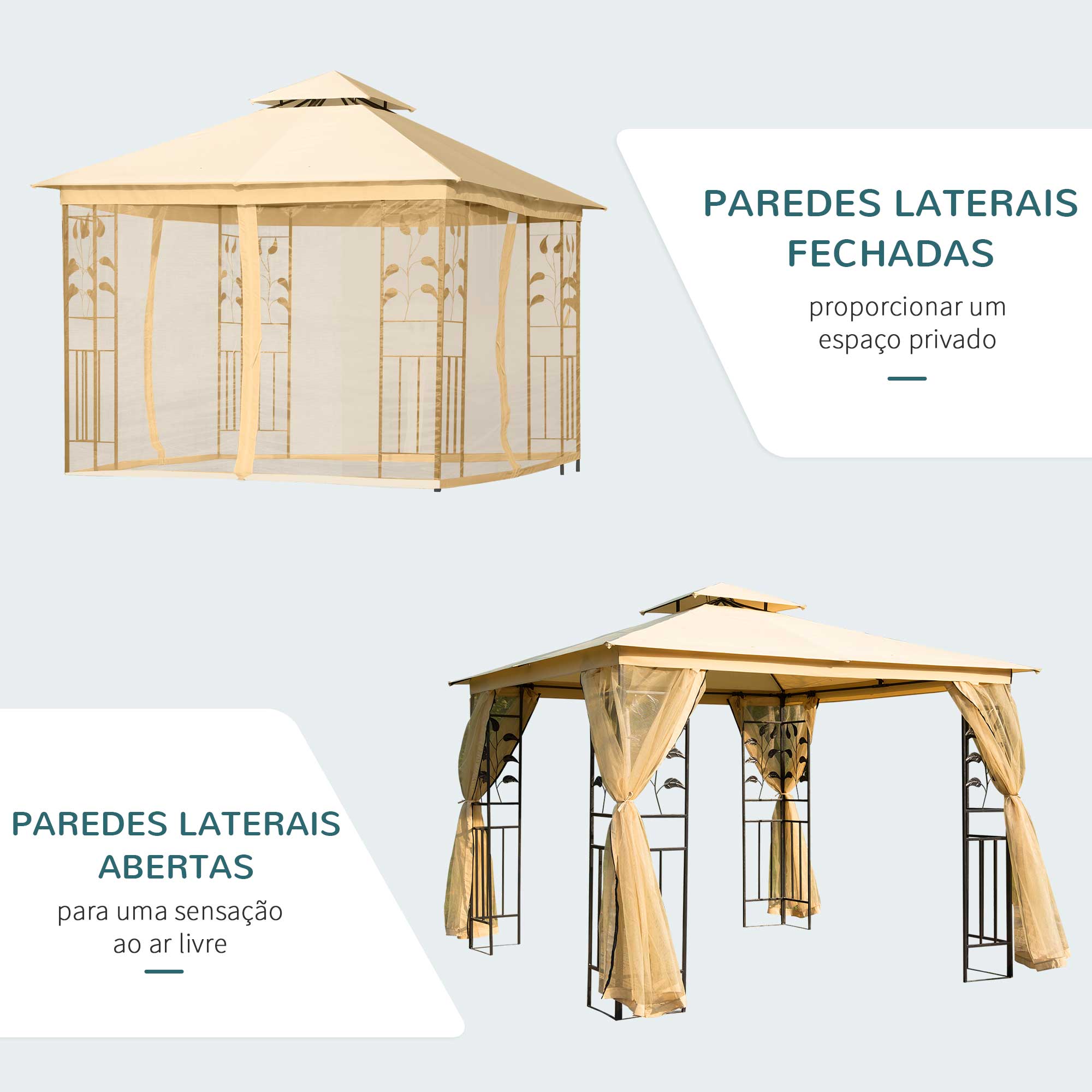 Pérgola de Jardim Bege 300x300x265 cm com Teto Duplo e Mosquiteira
