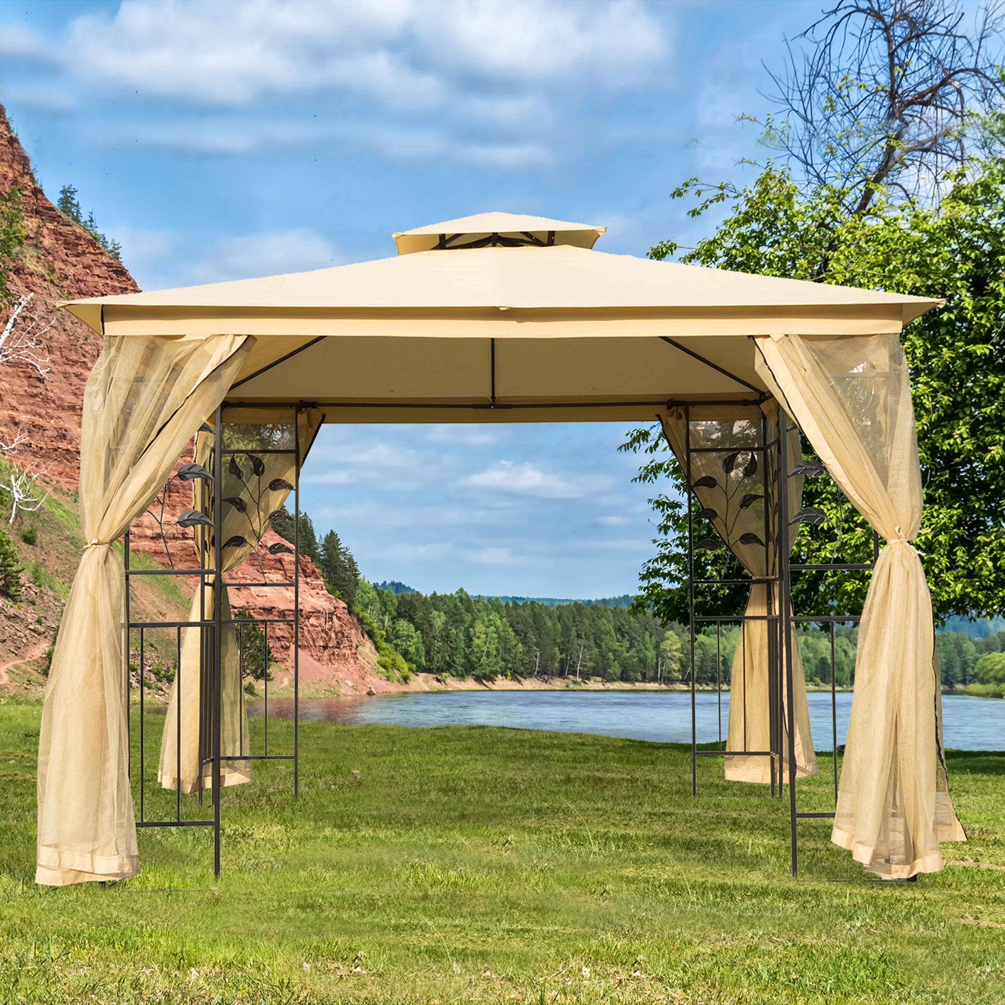Pérgola de Jardim Bege 300x300x265 cm com Teto Duplo e Mosquiteira