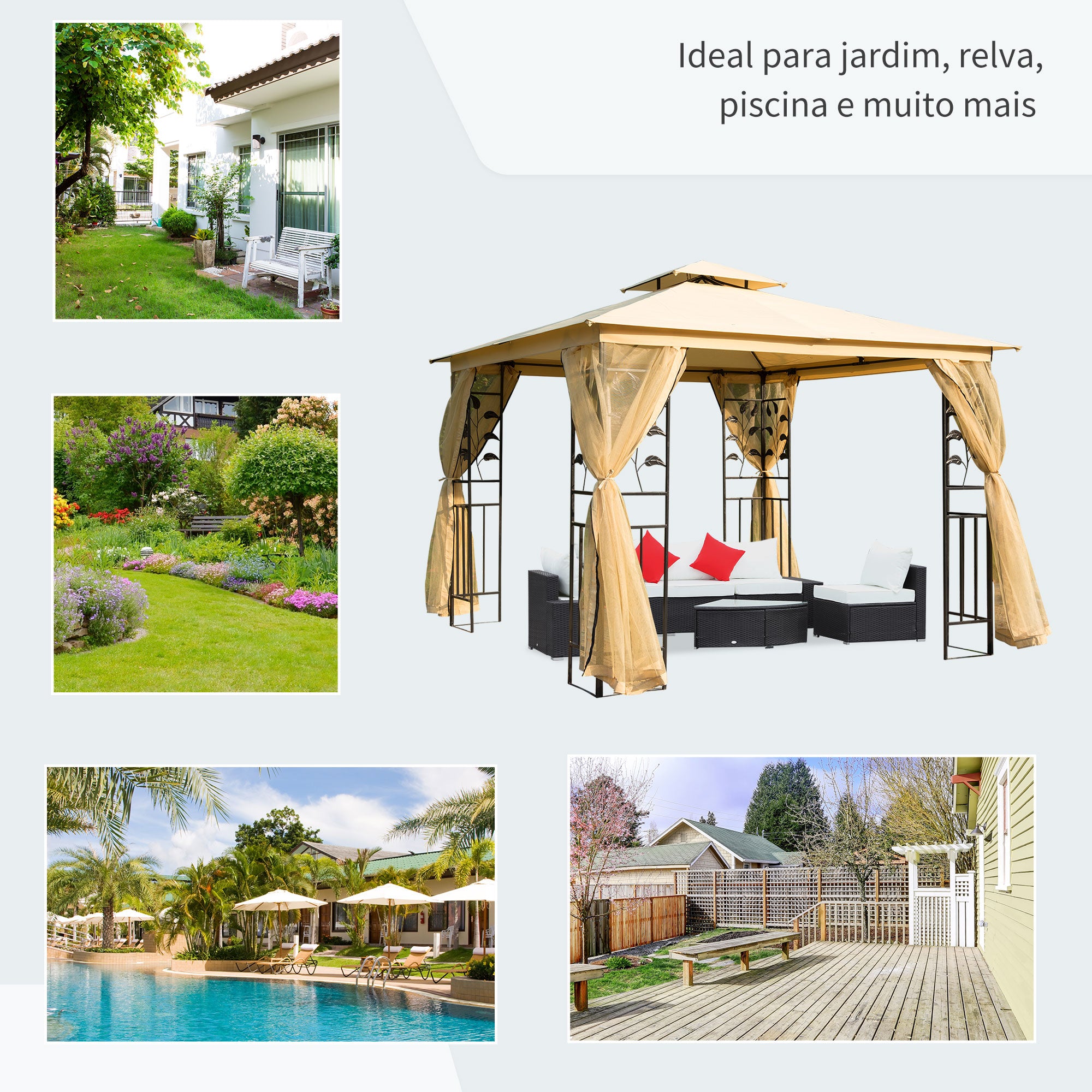 Pérgola de Jardim Bege 300x300x265 cm com Teto Duplo e Mosquiteira