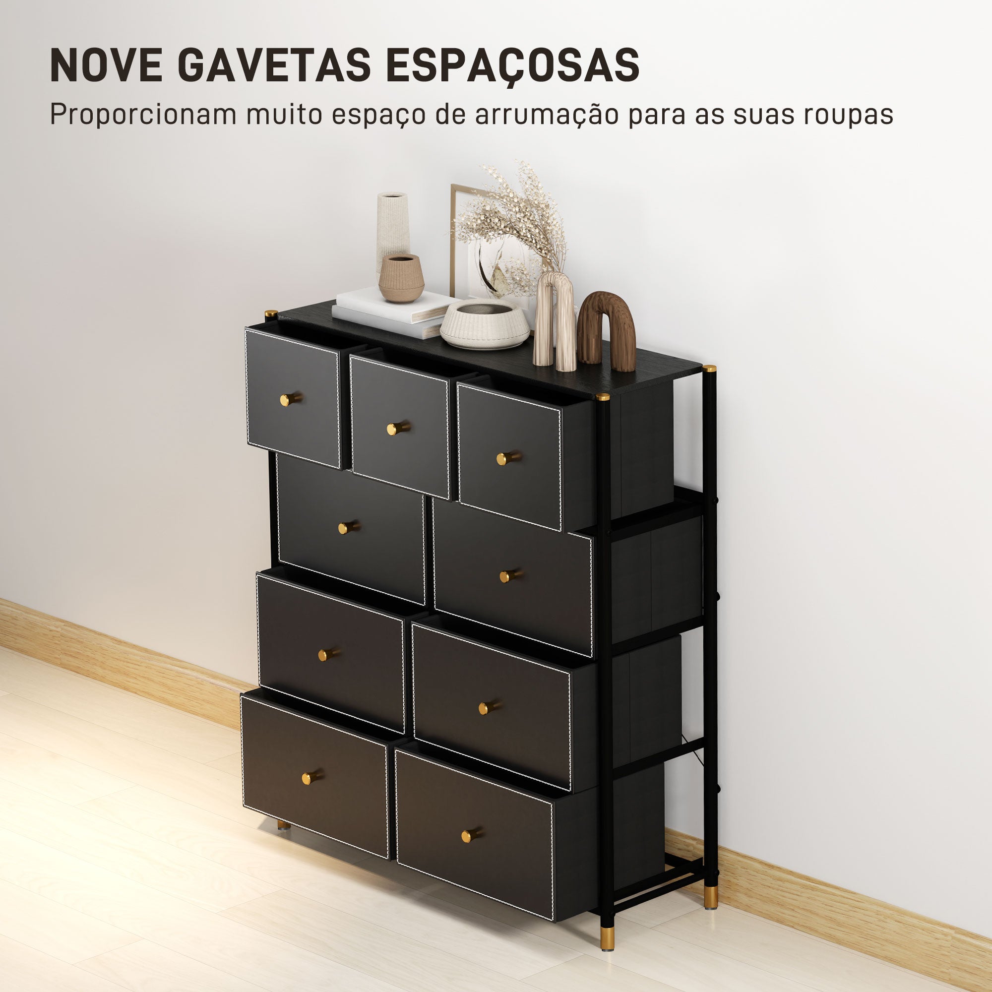 Cómoda de Tecido com 9 Gavetas - 88x30x103,5 cm - Preto