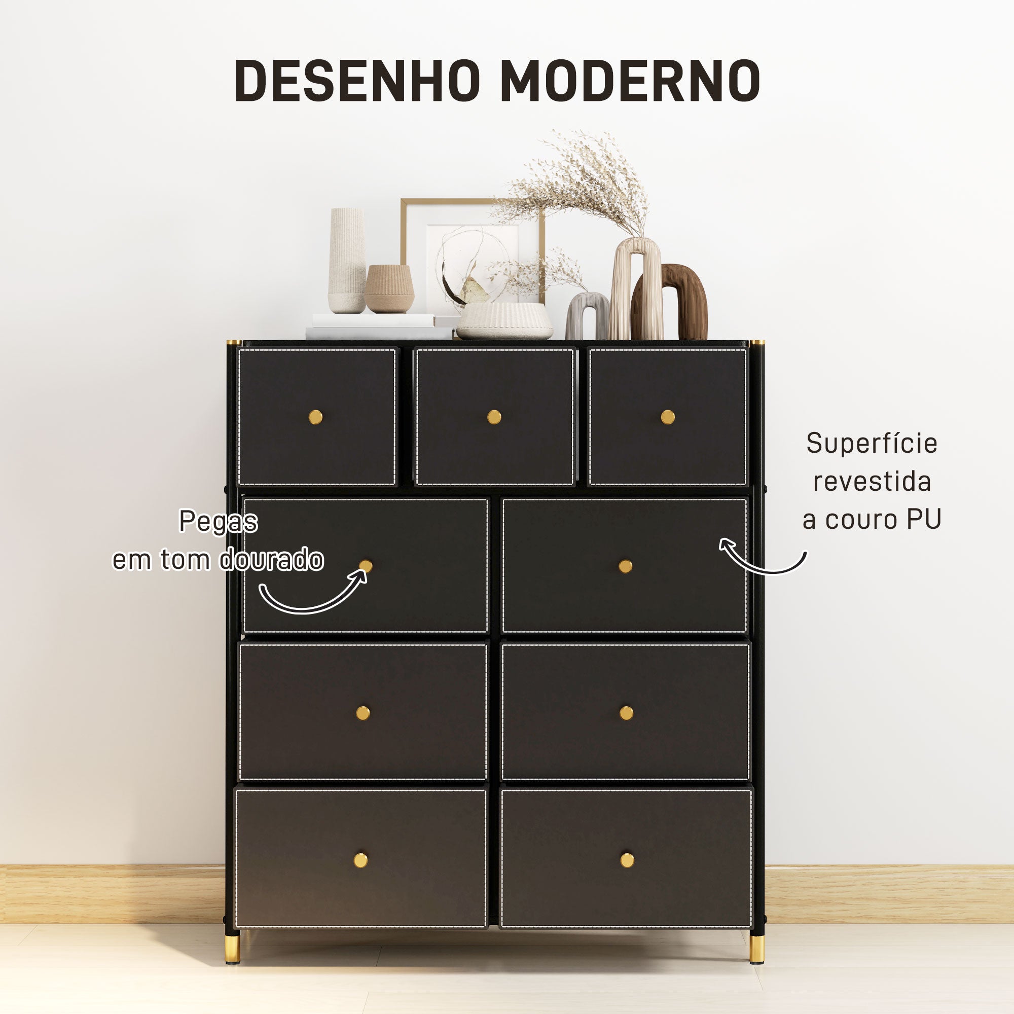 Cómoda de Tecido com 9 Gavetas - 88x30x103,5 cm - Preto