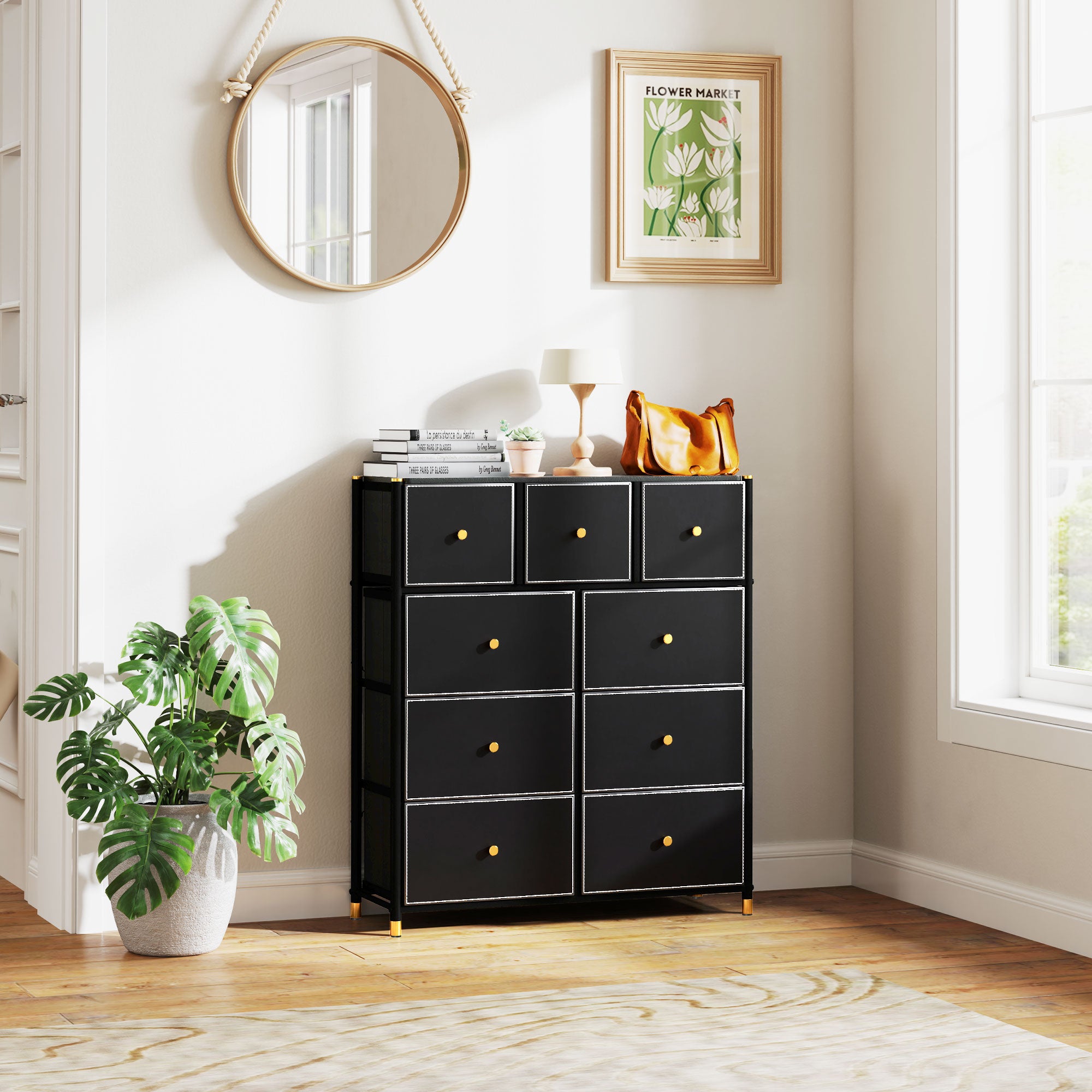 Cómoda de Tecido com 9 Gavetas - 88x30x103,5 cm - Preto