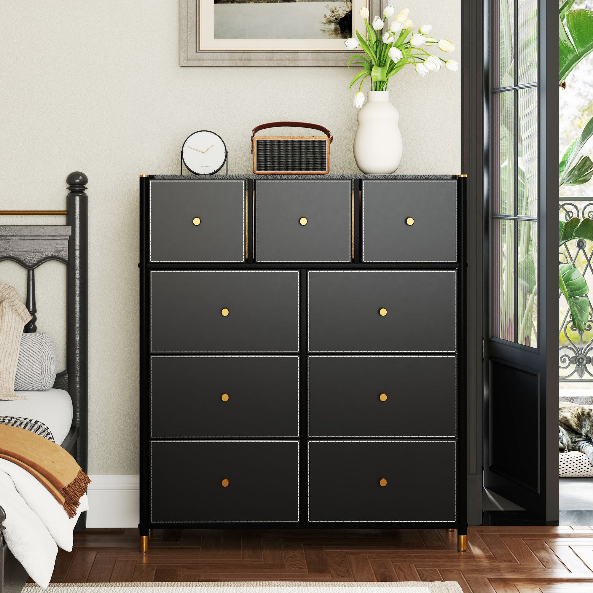 Cómoda de Tecido com 9 Gavetas - 88x30x103,5 cm - Preto
