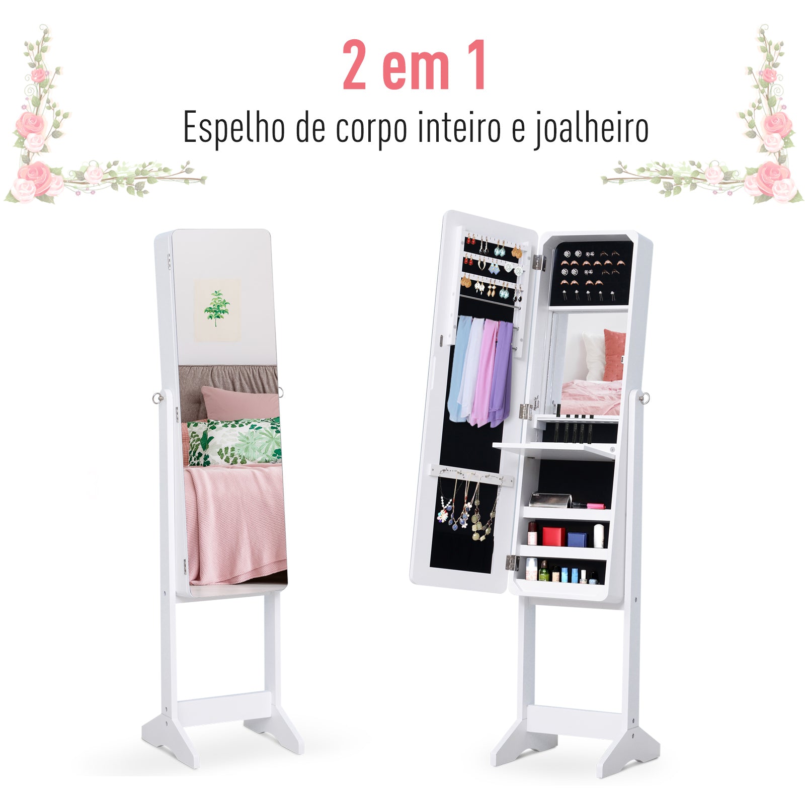 Joalheiro de Pé com Espelho e Luzes LED 30x36x146cm - Branco