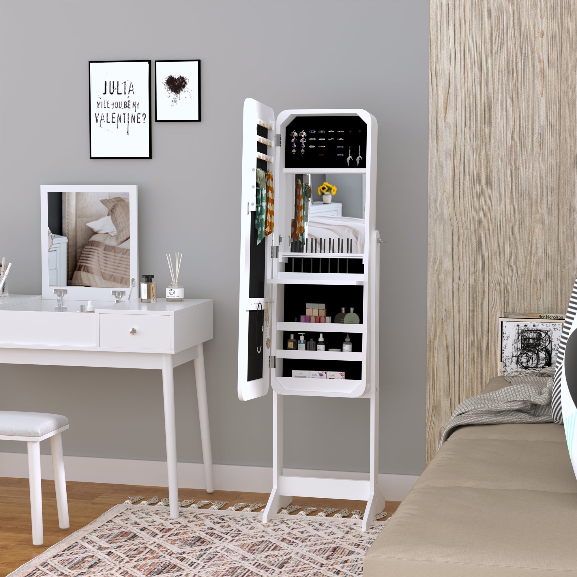 Joalheiro de Pé com Espelho e Luzes LED 30x36x146cm - Branco