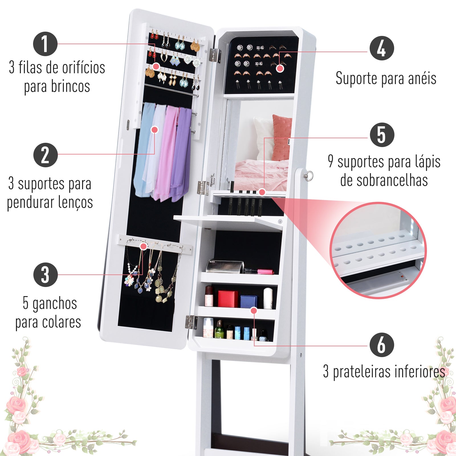 Joalheiro de Pé com Espelho e Luzes LED 30x36x146cm - Branco