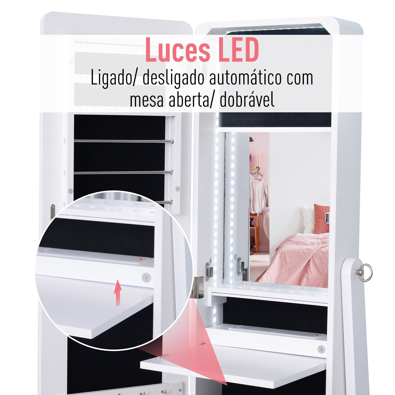 Joalheiro de Pé com Espelho e Luzes LED 30x36x146cm - Branco