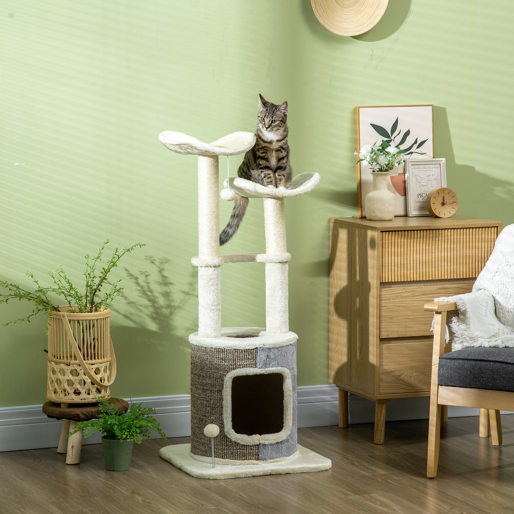 Arranhador para Gatos Torre Altura 110cm Creme e Cinza 48x48x110 cm