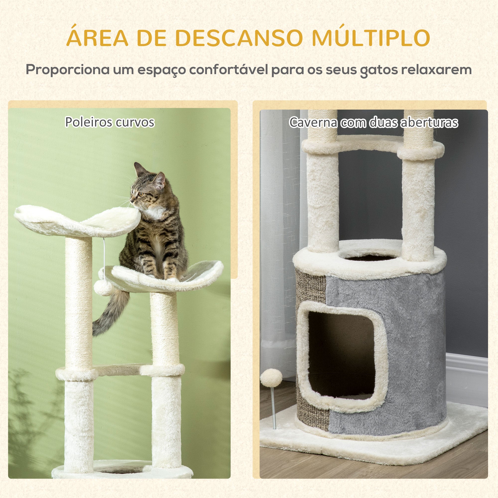 Arranhador para Gatos Torre Altura 110cm Creme e Cinza 48x48x110 cm