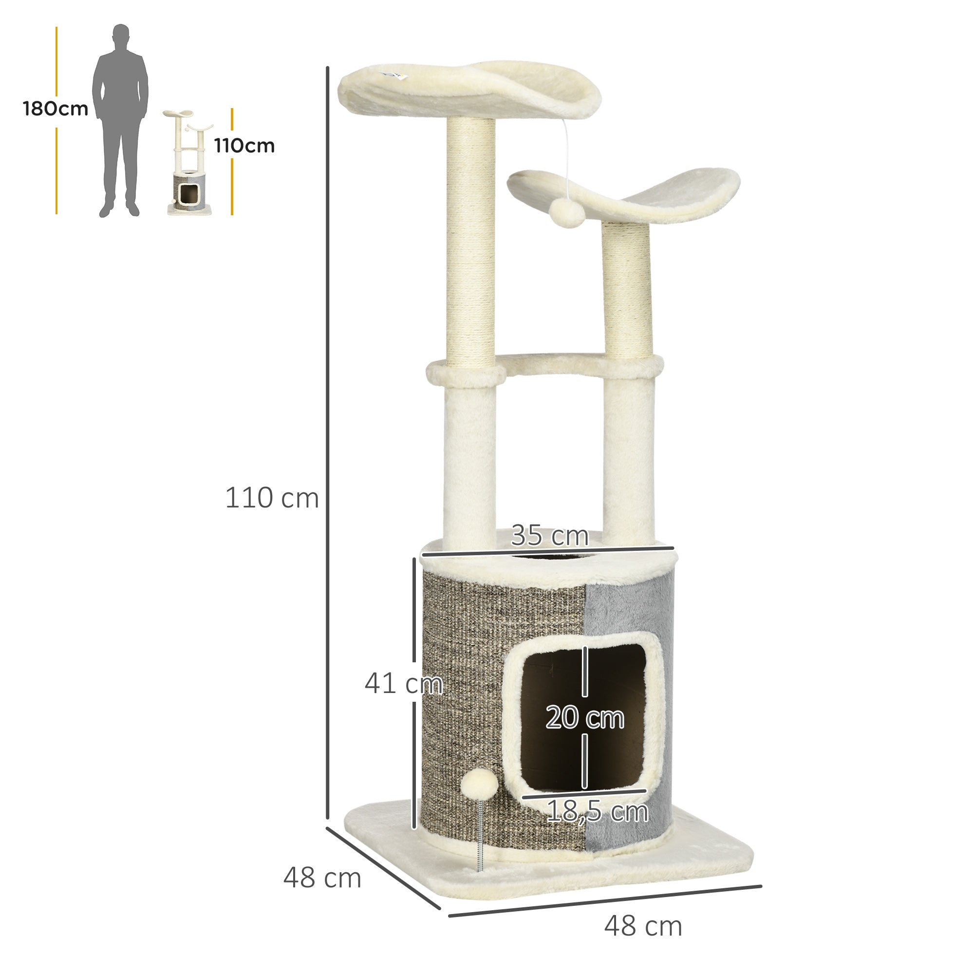 Arranhador para Gatos Torre Altura 110cm Creme e Cinza 48x48x110 cm