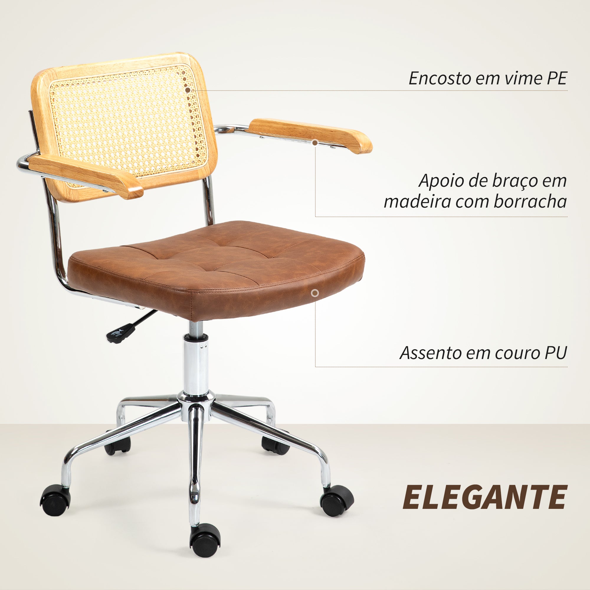 Cadeira de Escritório com Encosto de Vime Sintético Marrom 60x55,5x82-90 cm