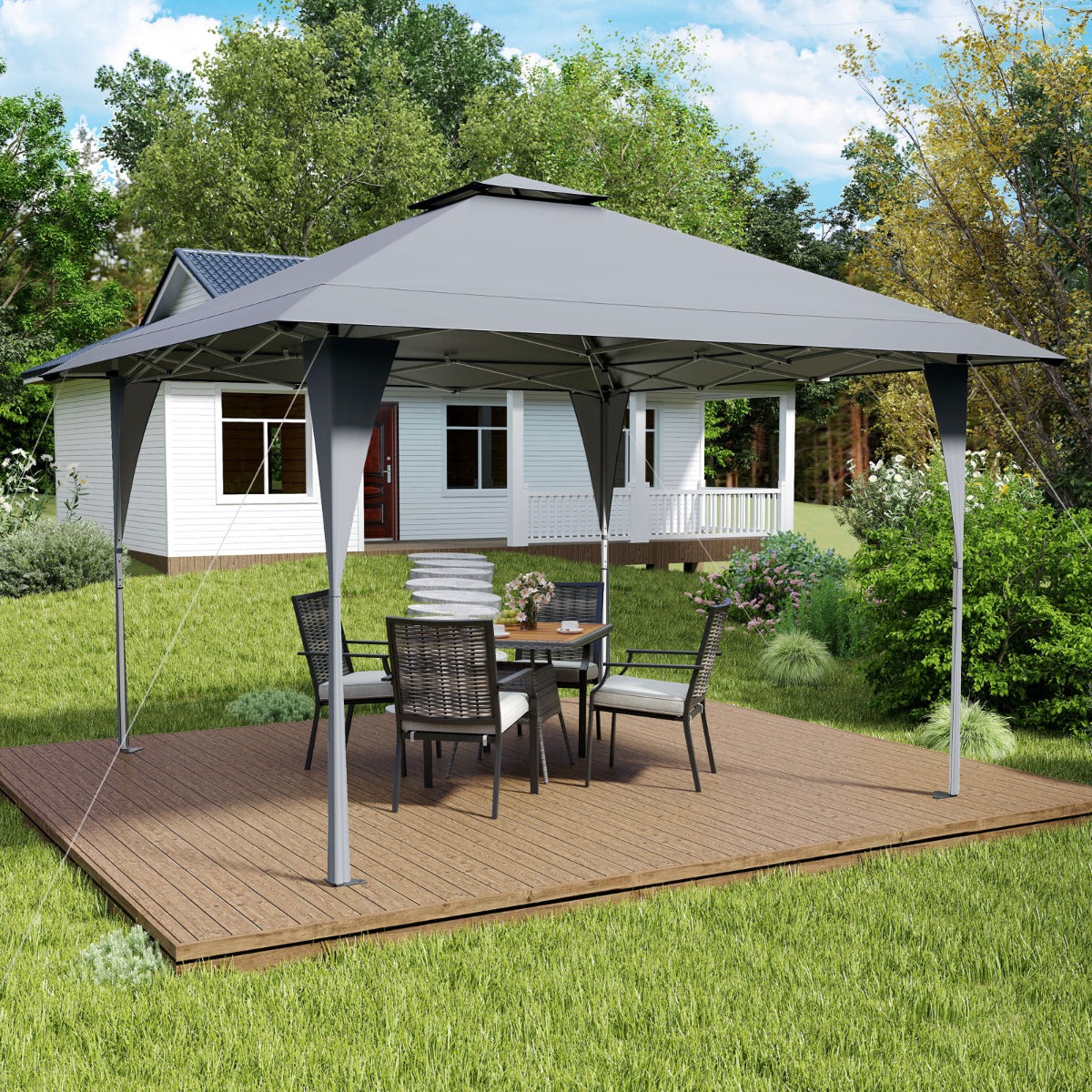 Gazebo Emergente com Bolsa de Transporte Portátil 8 Estacas 4 Cordas de Vento para Pátio Jardim Camping 390 x 390 cm Cinzento