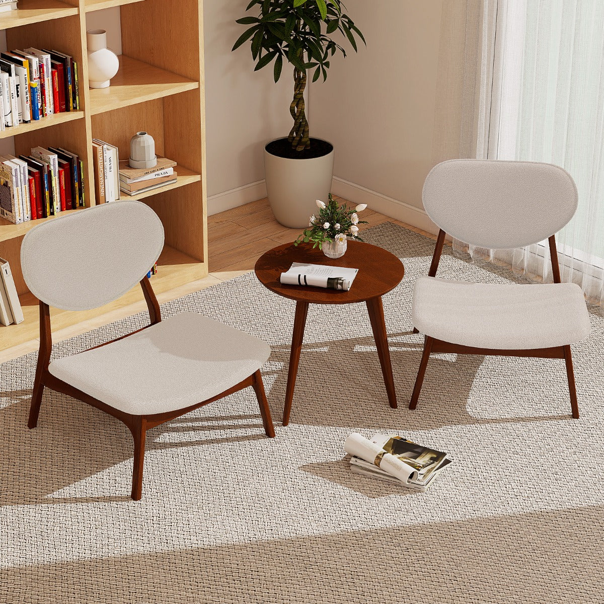 Conjunto de 2 Cadeiras Decorativas com Mesa Auxiliar Cadeiras Estofadas em Veludo de Cordeiro com Estrutura de Madeira Maciça para Quarto Bege