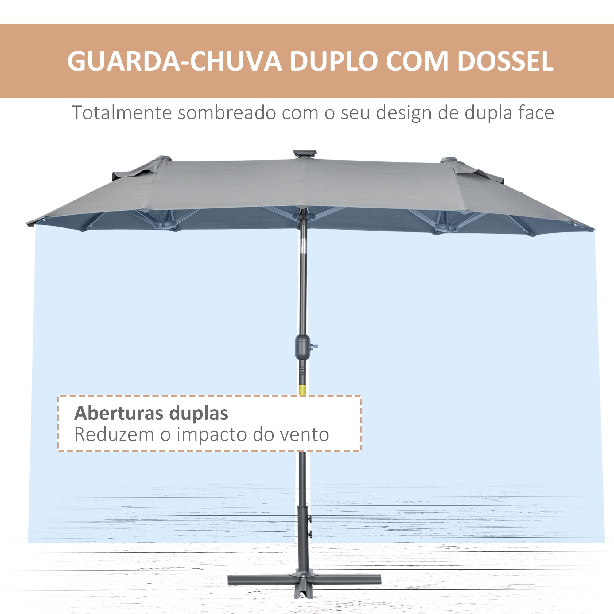 Chapéu de Sol Duplo 295x150x219 cm Cinzento