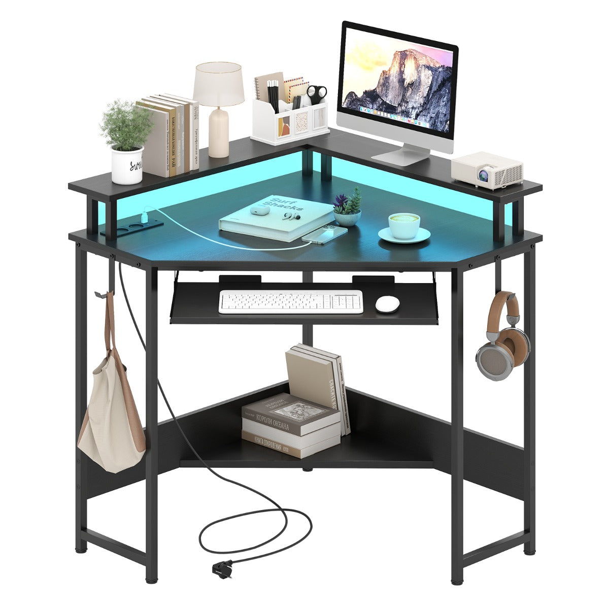 Mesa Gaming com Luzes LED e Suporte para Monitor e Teclado - Preto