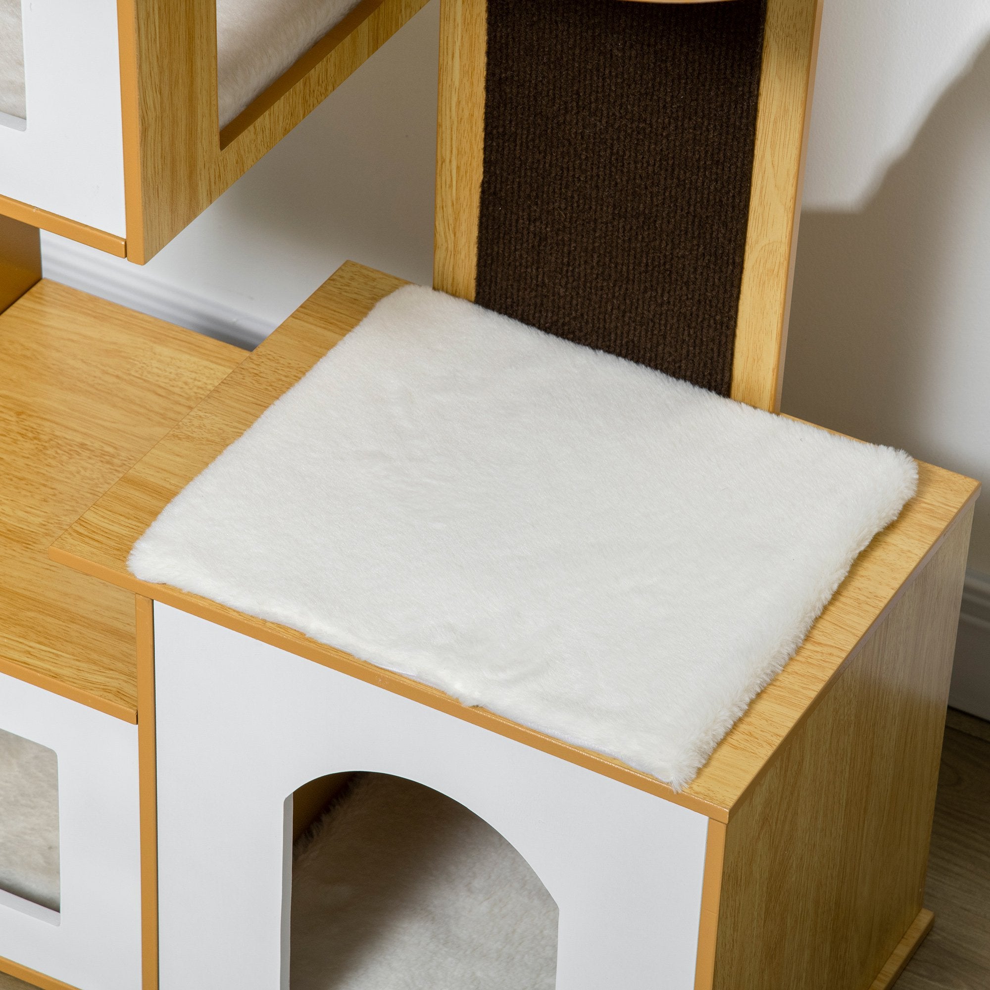 Torre para Gatos com 3 Casas de Madeira e Rede - 76x37x92,5cm - Carvalho e Branco