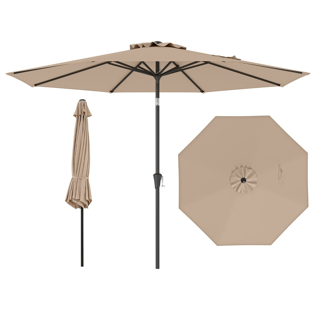 Guarda-Sol de Jardim com Mecanismo de 25° de Inclinação com Manivela 8 Varetas Reforçadas para Pátio Terraço Sem Base Café