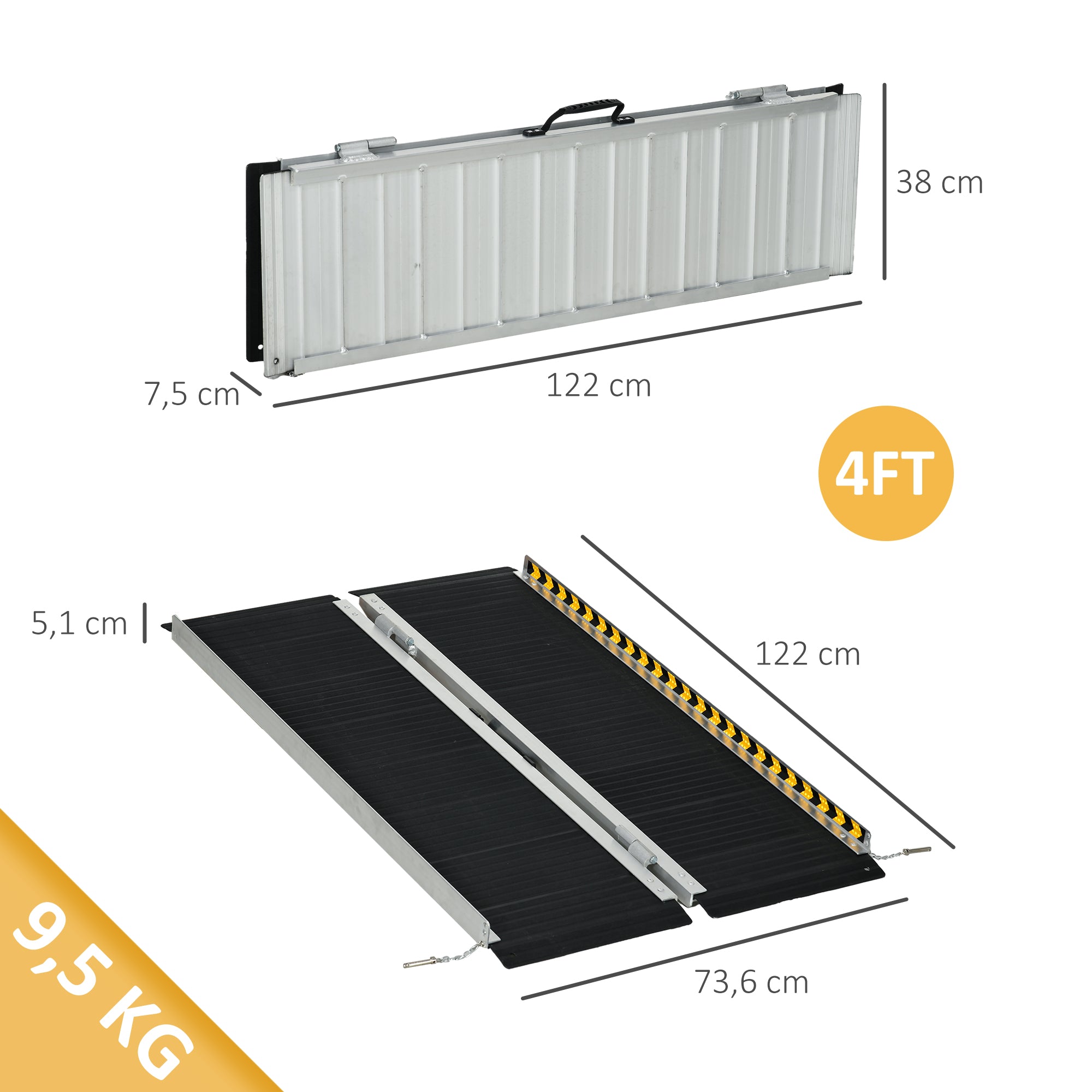 Rampa para Cadeira de Rodas Dobrável – 122x73,6x5,1 cm – Preto – Liga de alumínio
