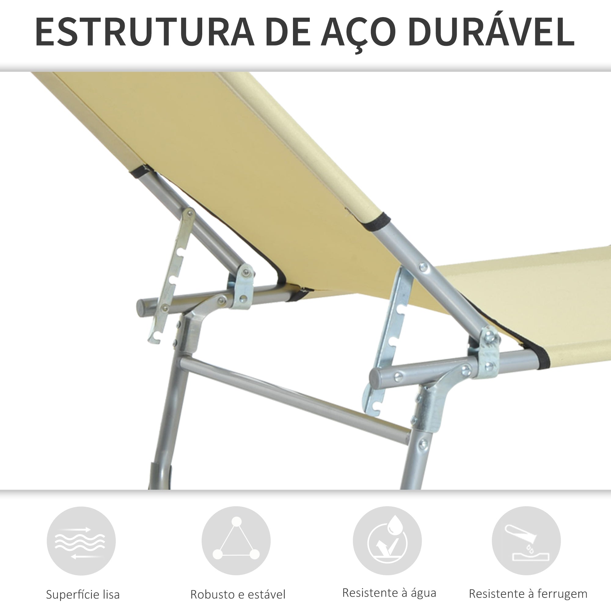 Espreguiçadeira Portátil Reclinável em 4 Posições Bege 187x58x28 cm