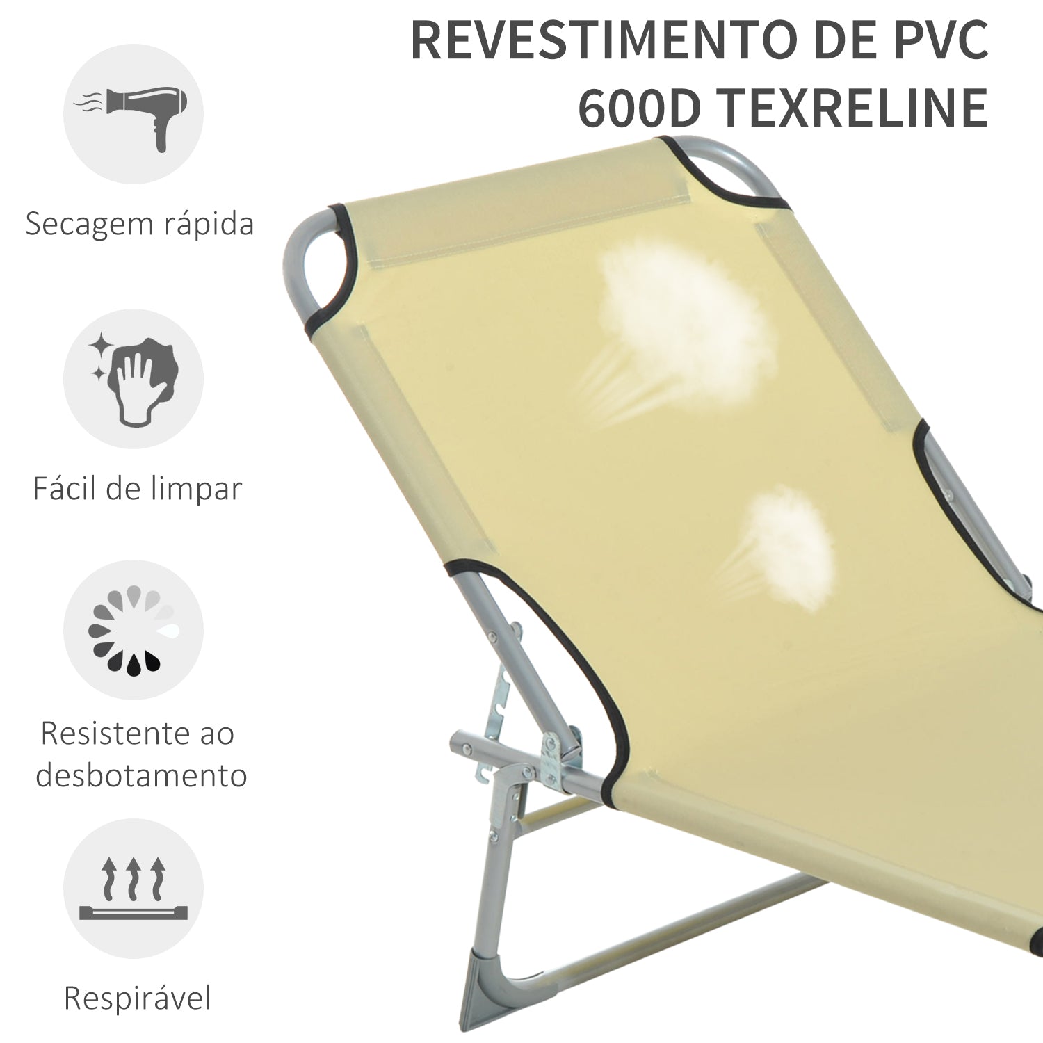 Espreguiçadeira Portátil Reclinável em 4 Posições Bege 187x58x28 cm