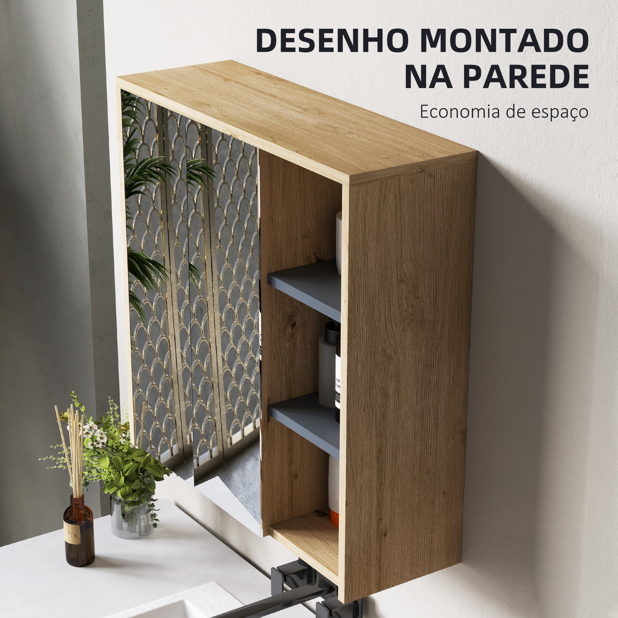 Armário de Casa de Banho com Espelho 60x20x60 cm - Cor de Carvalho