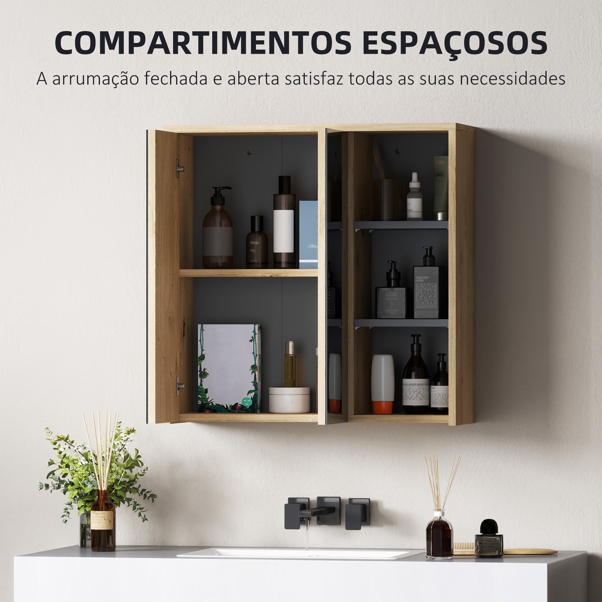 Armário de Casa de Banho com Espelho 60x20x60 cm - Cor de Carvalho