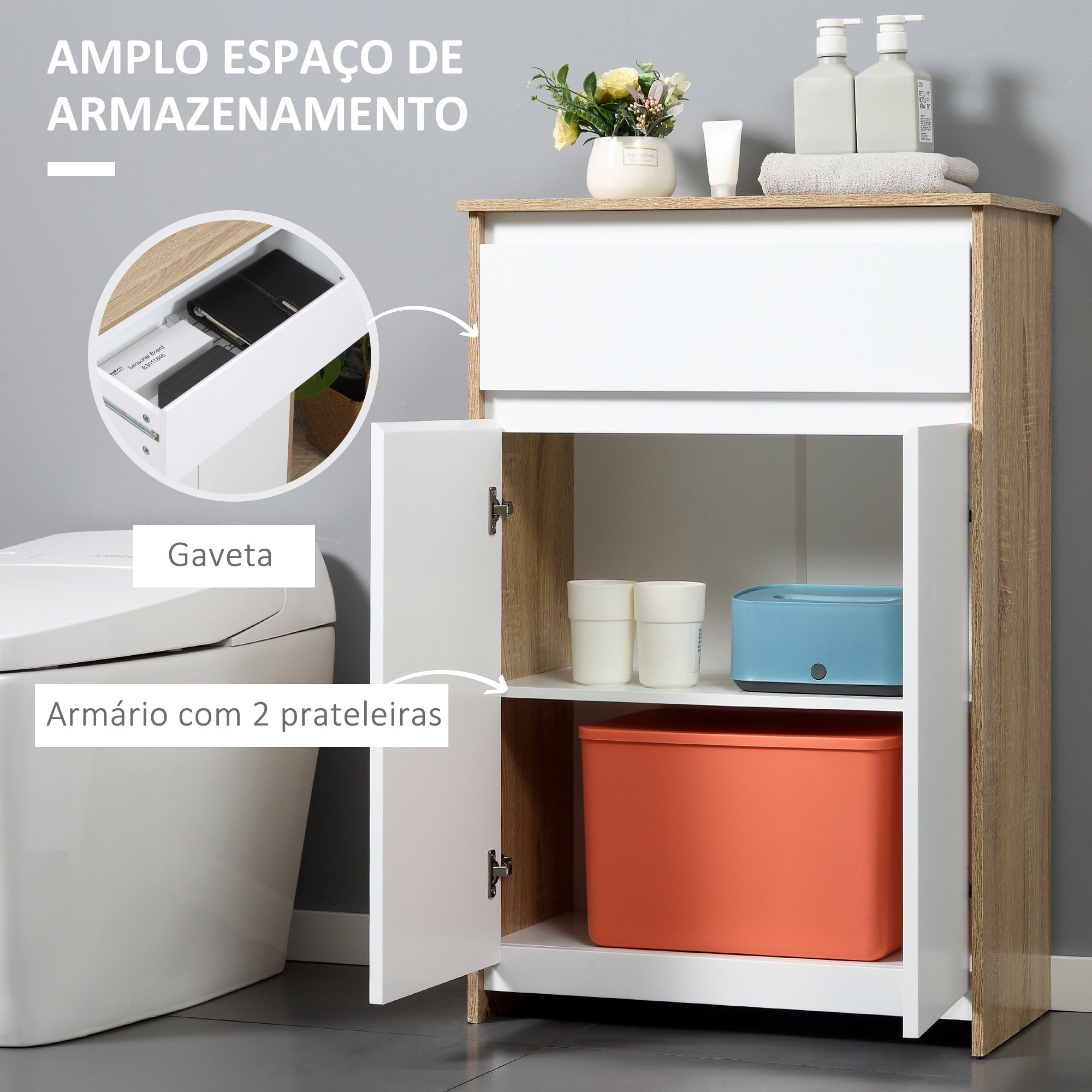 Armário Casa de Banho Moderno 60x30x90 cm Branco e Madeira
