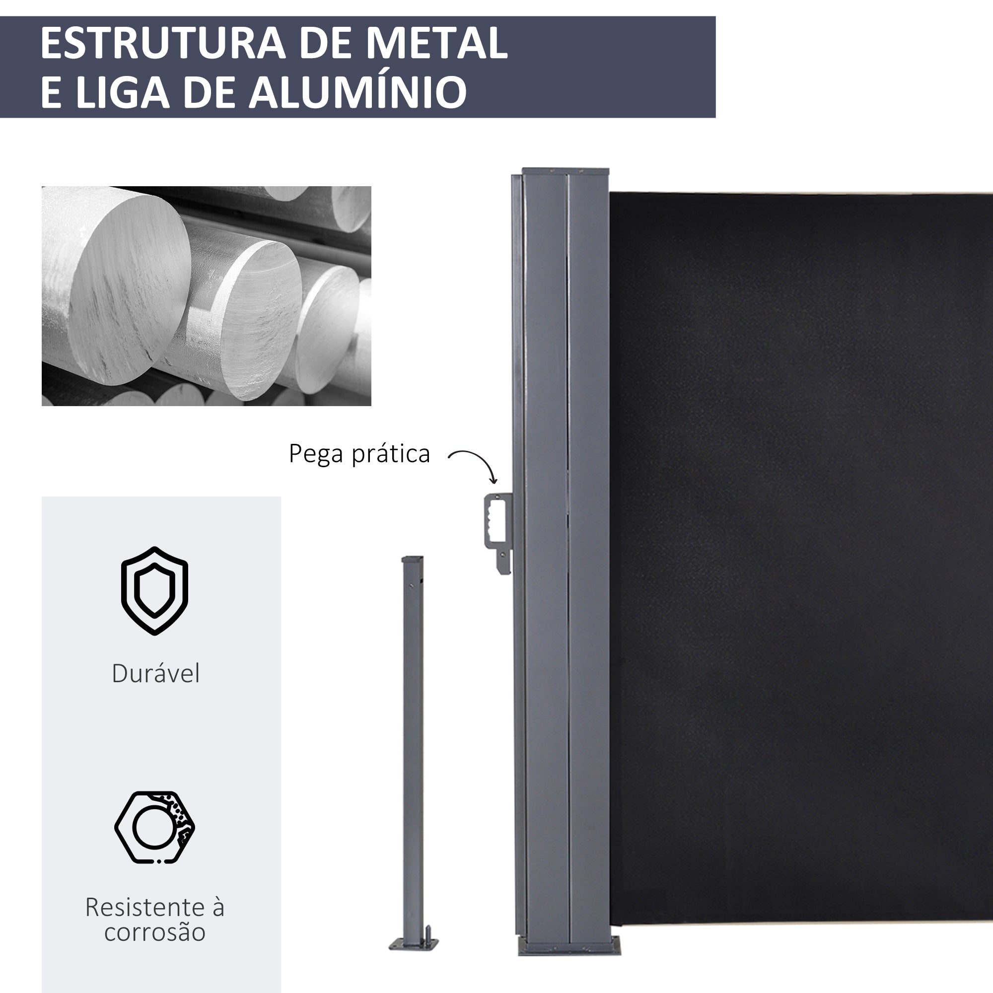 Toldo Lateral Retrátil 600x160cm Cinza Escuro - Proteção UV+50 e Ângulo Ajustável