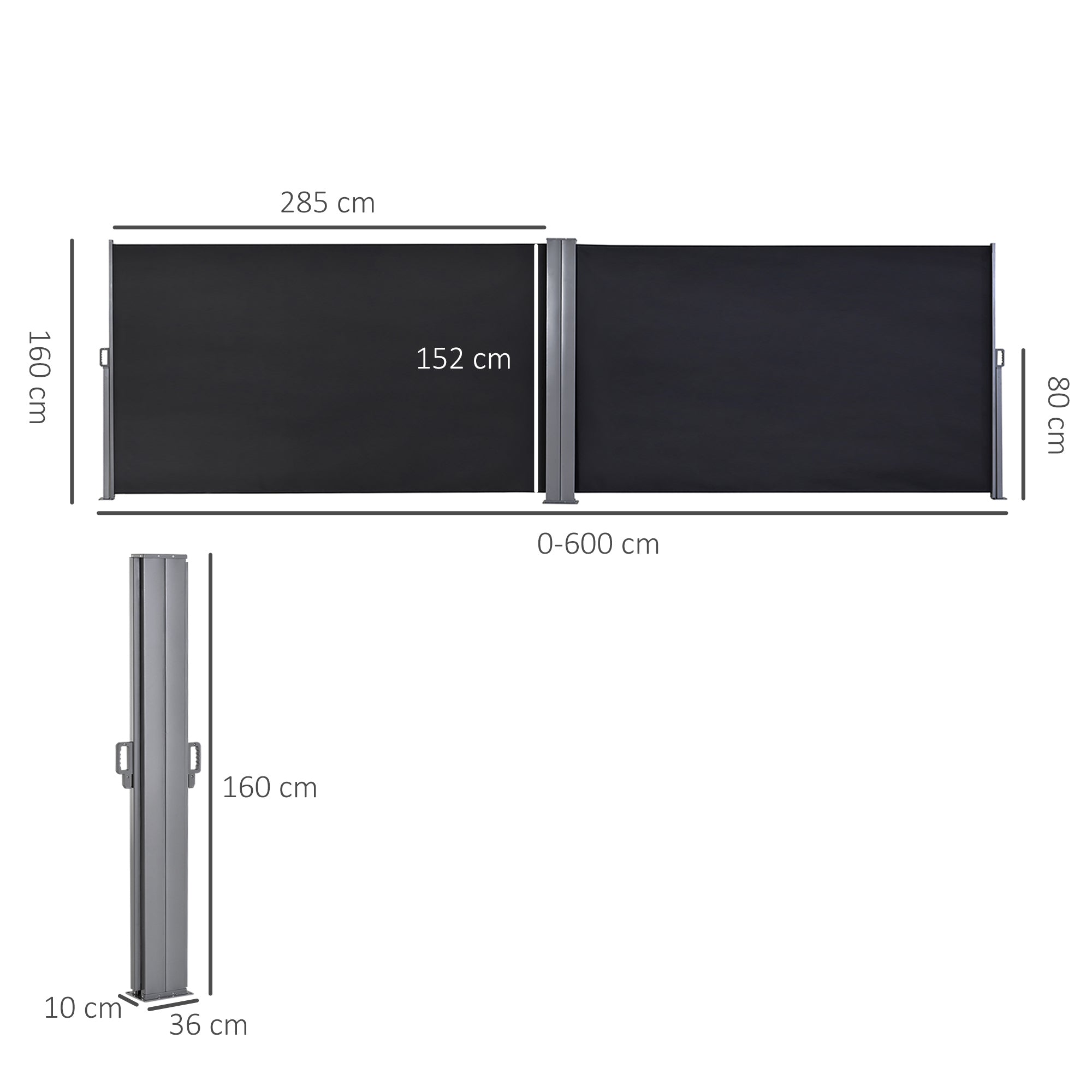 Toldo Lateral Retrátil 600x160cm Cinza Escuro - Proteção UV+50 e Ângulo Ajustável