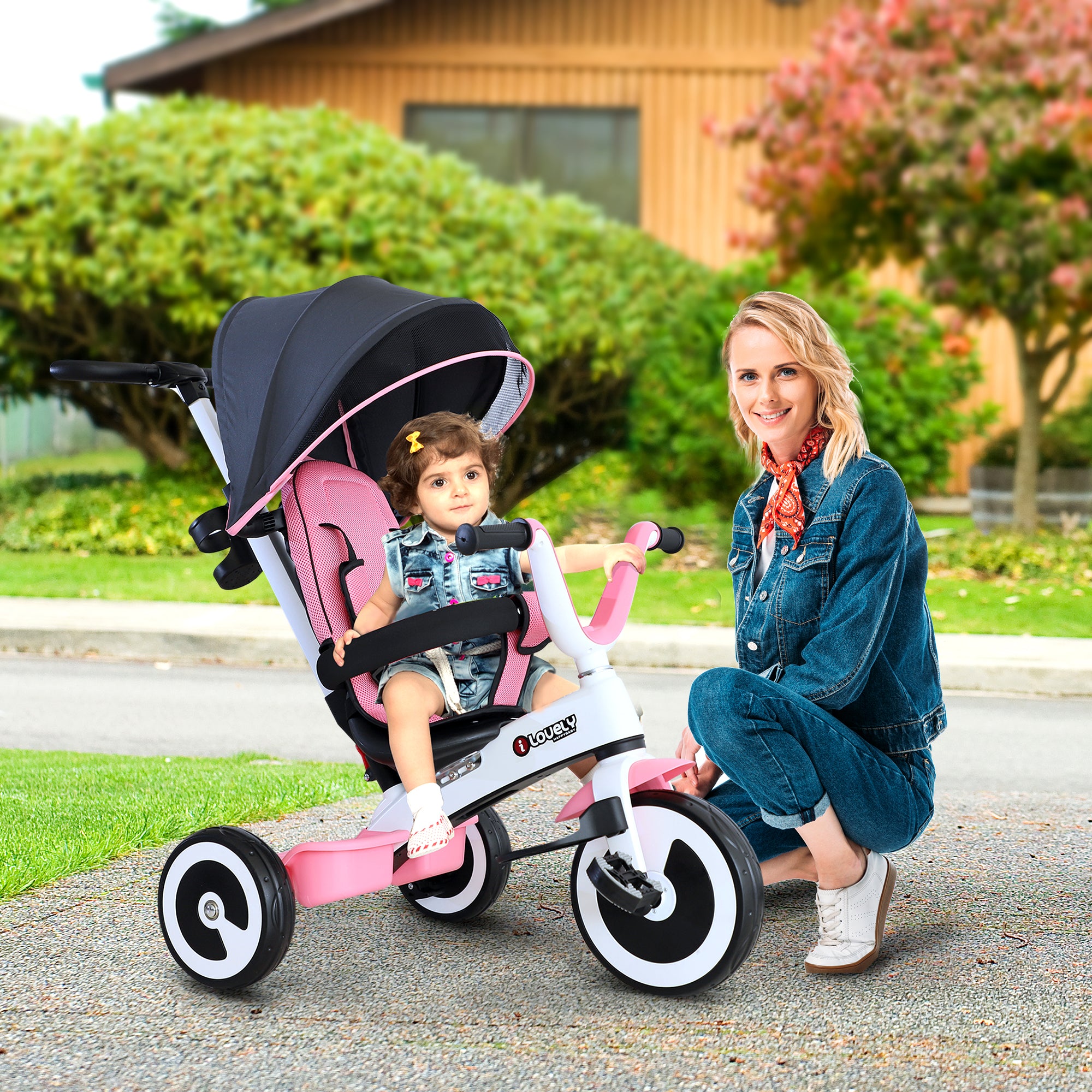 Triciclo 4 em 1 Evolutivo para Crianças +18 Meses - Rosa 115x54x96 cm