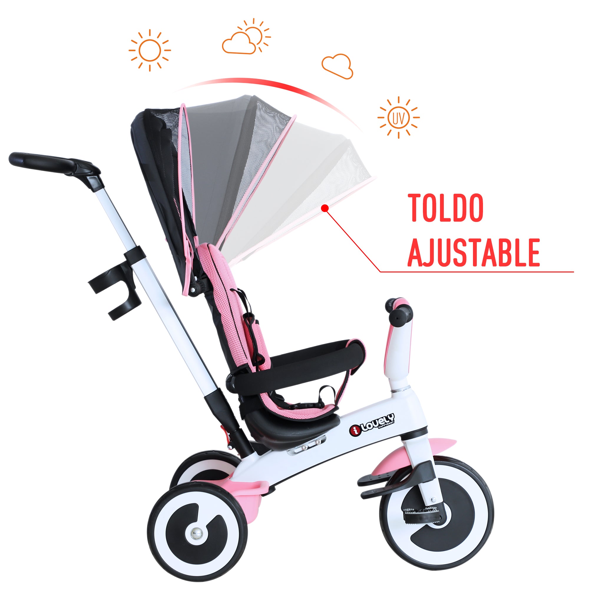 Triciclo 4 em 1 Evolutivo para Crianças +18 Meses - Rosa 115x54x96 cm