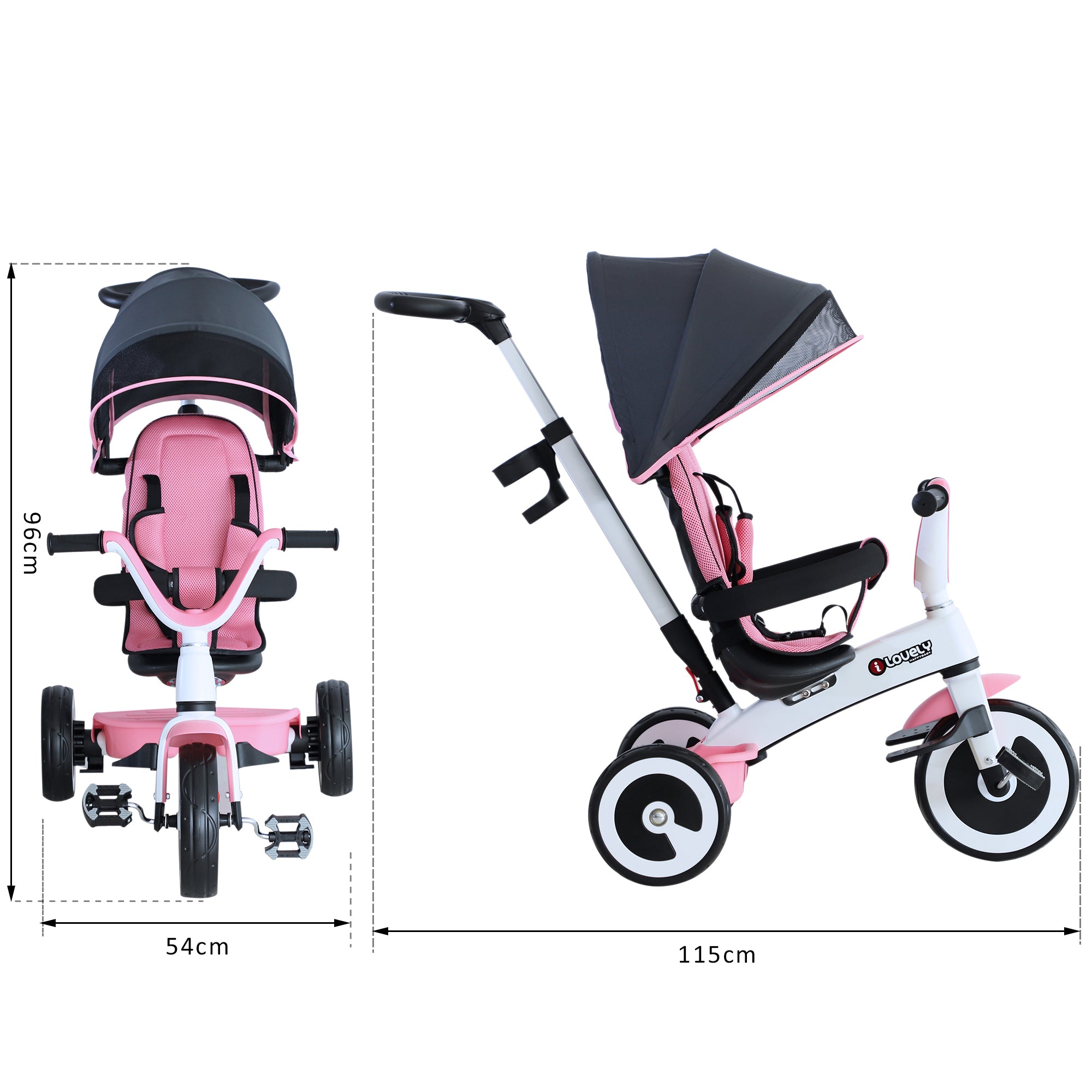 Triciclo 4 em 1 Evolutivo para Crianças +18 Meses - Rosa 115x54x96 cm