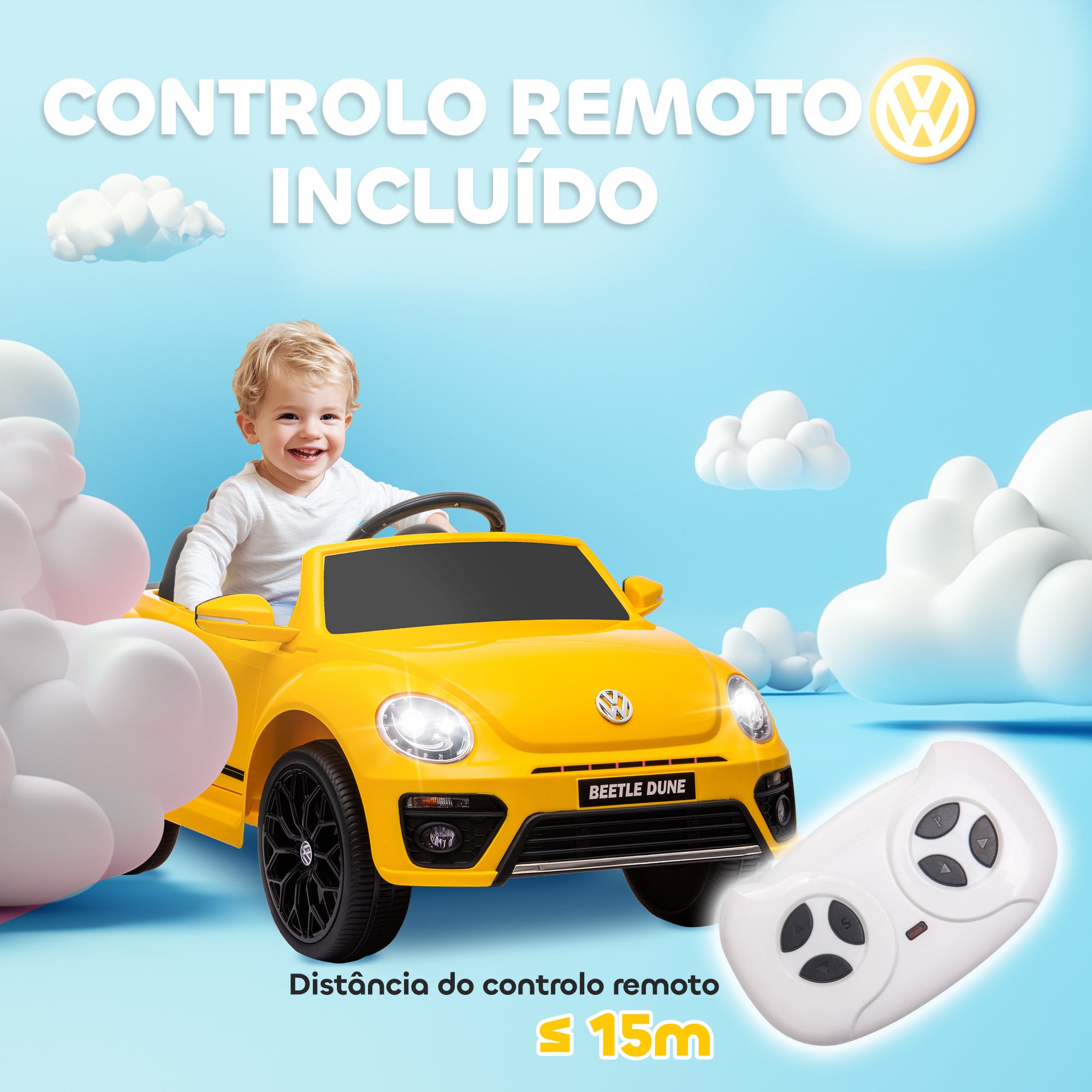 Carro Elétrico Infantil Amarelo 97x56,5x46 cm com Controlo Remoto e Música