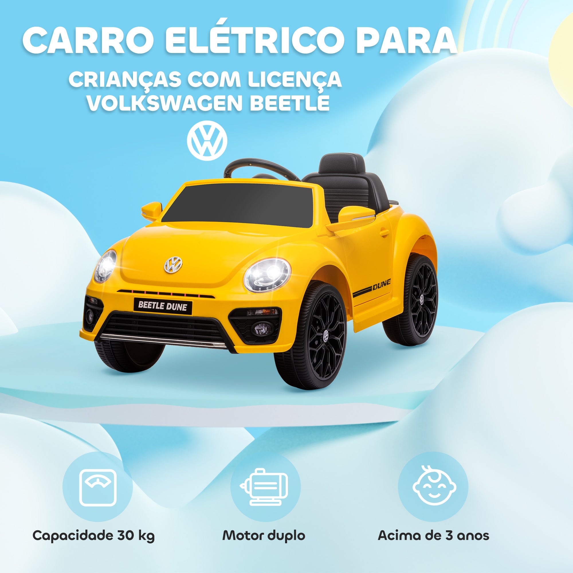 Carro Elétrico Infantil Amarelo 97x56,5x46 cm com Controlo Remoto e Música