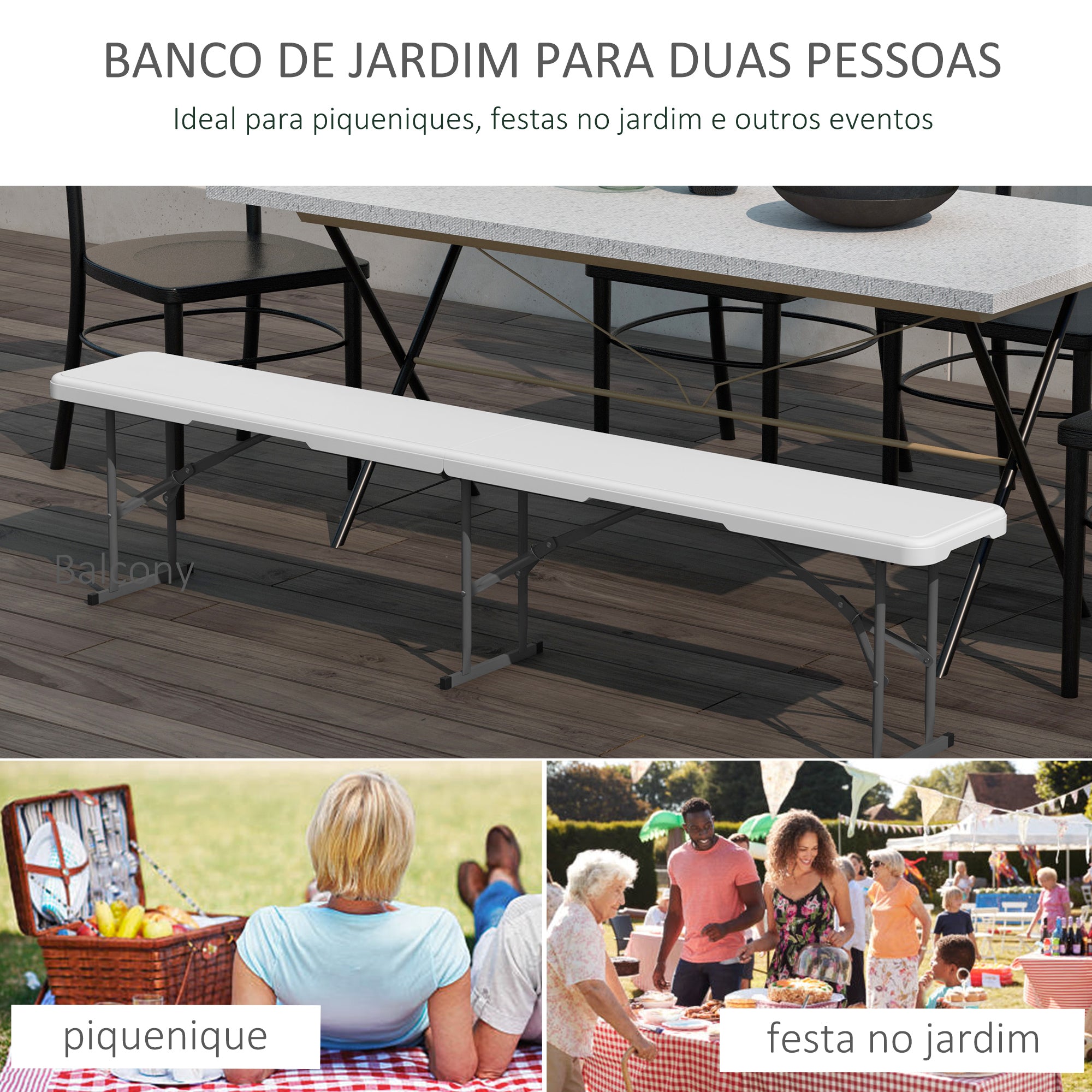Banco de Jardim Dobrável 3 Lugares 183x28x43 cm Branco