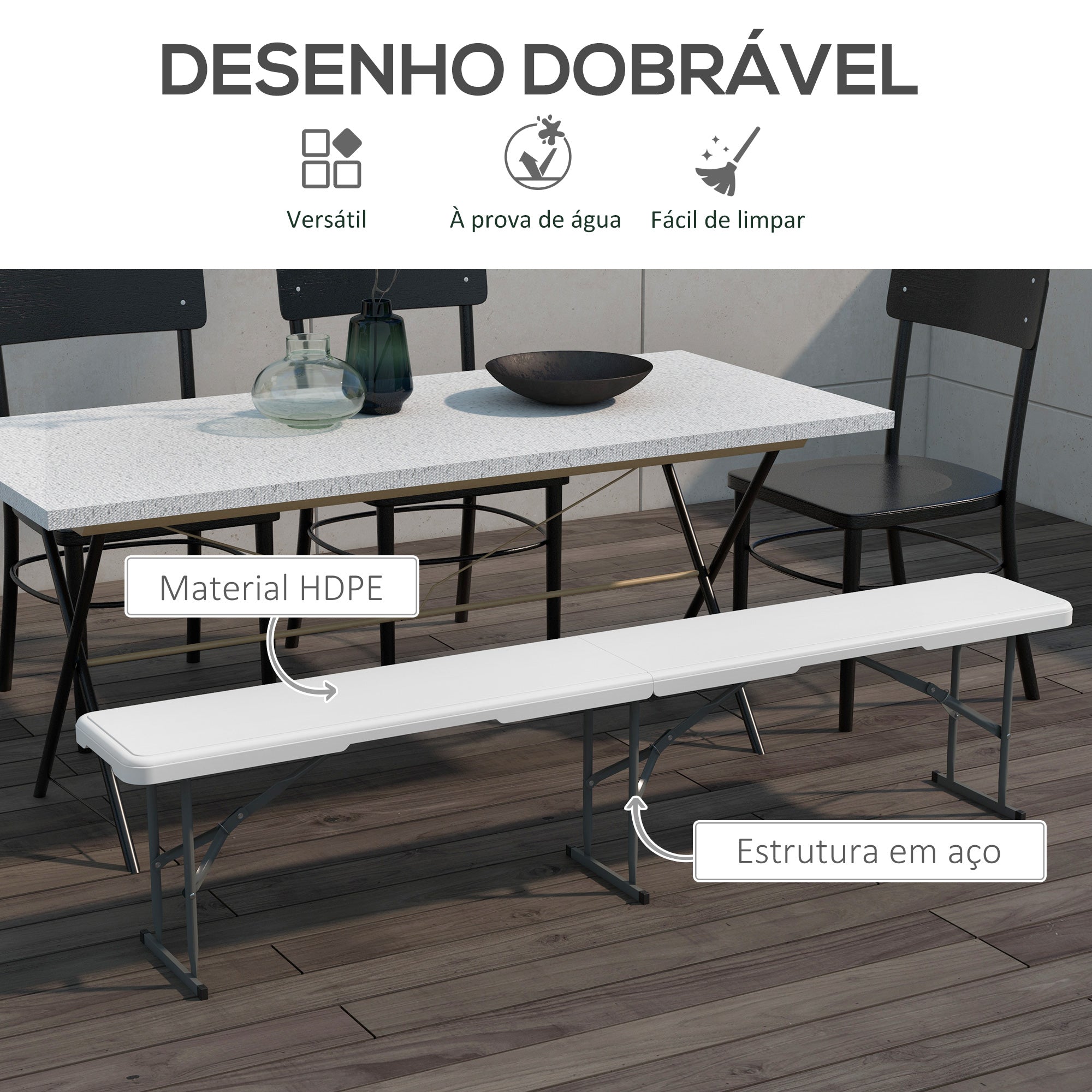 Banco de Jardim Dobrável 3 Lugares 183x28x43 cm Branco
