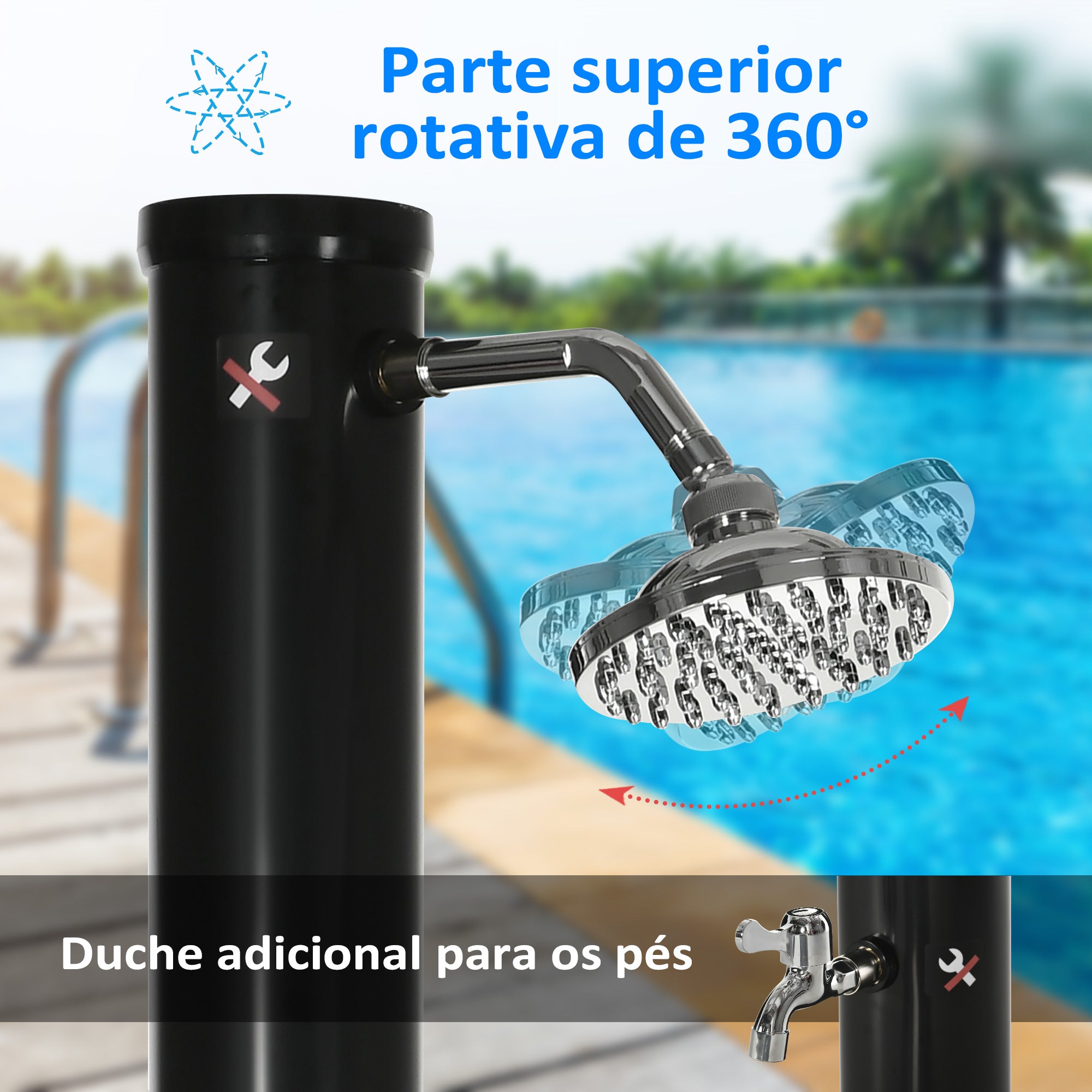 Duche Solar de Jardim – 15,5x15,5x222 cm – Preto – Liga de zinco