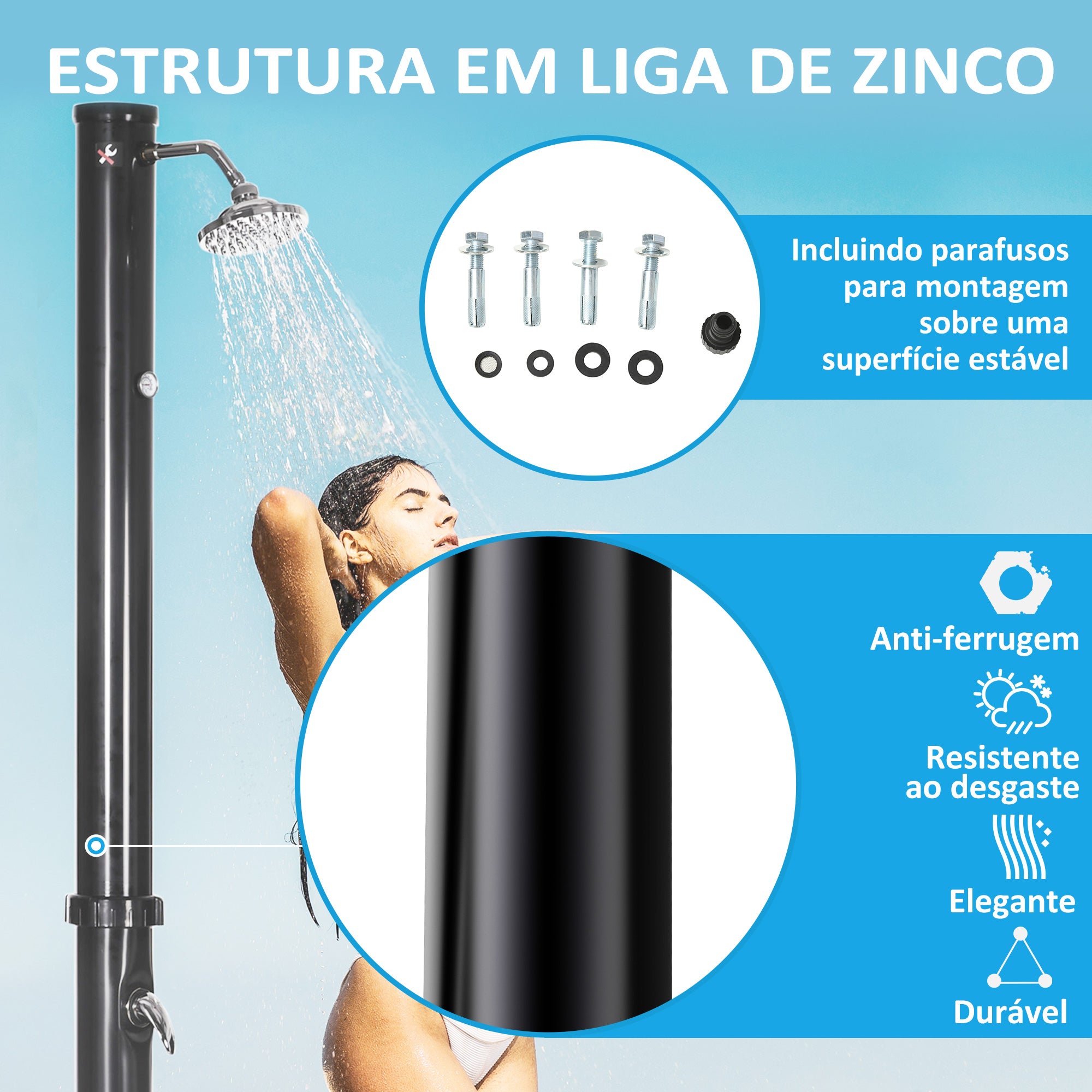 Duche Solar de Jardim – 15,5x15,5x222 cm – Preto – Liga de zinco