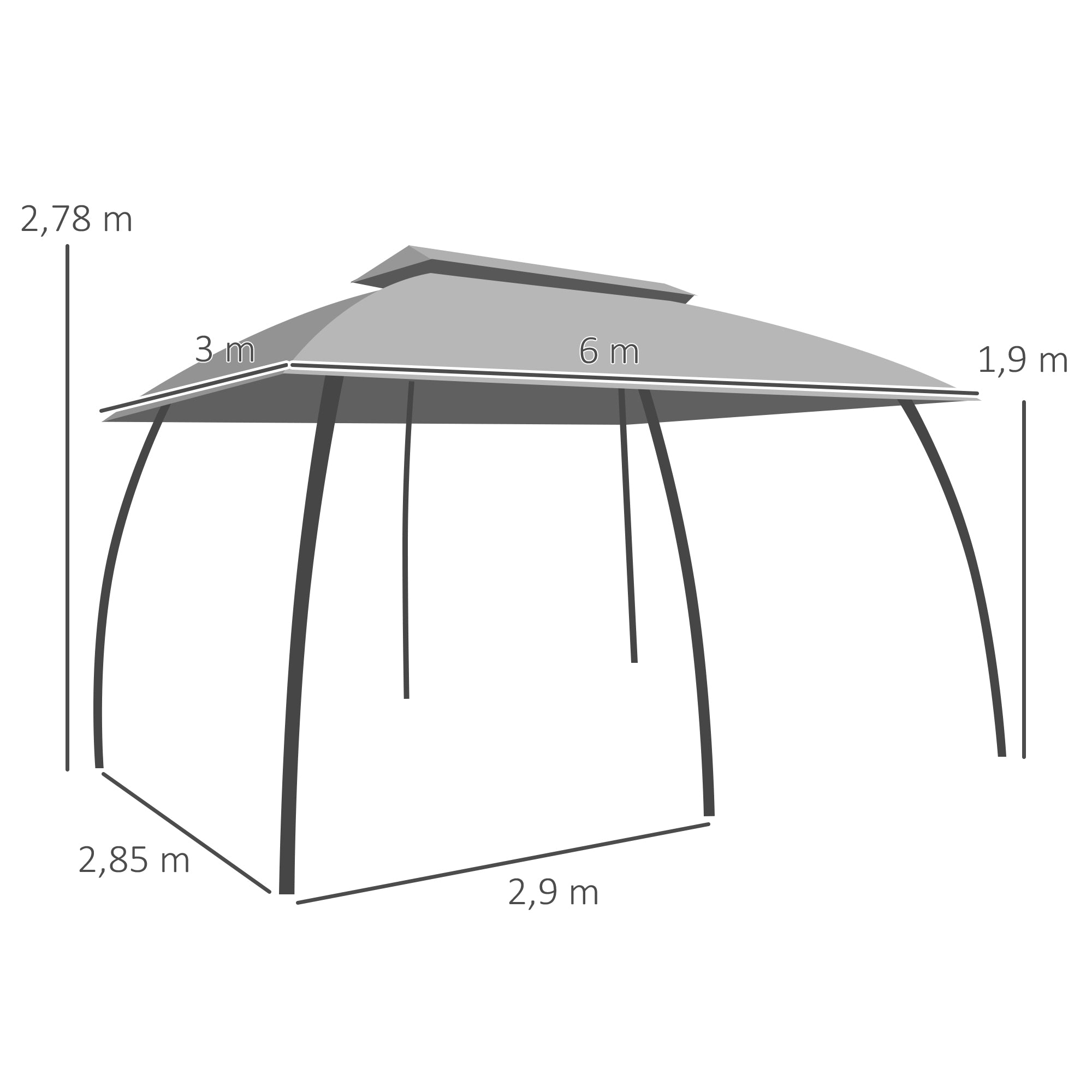 Pérgola de Jardim – 300x600x278 cm – Cinza Escuro – Metal galvanizado, poliéster e nylon