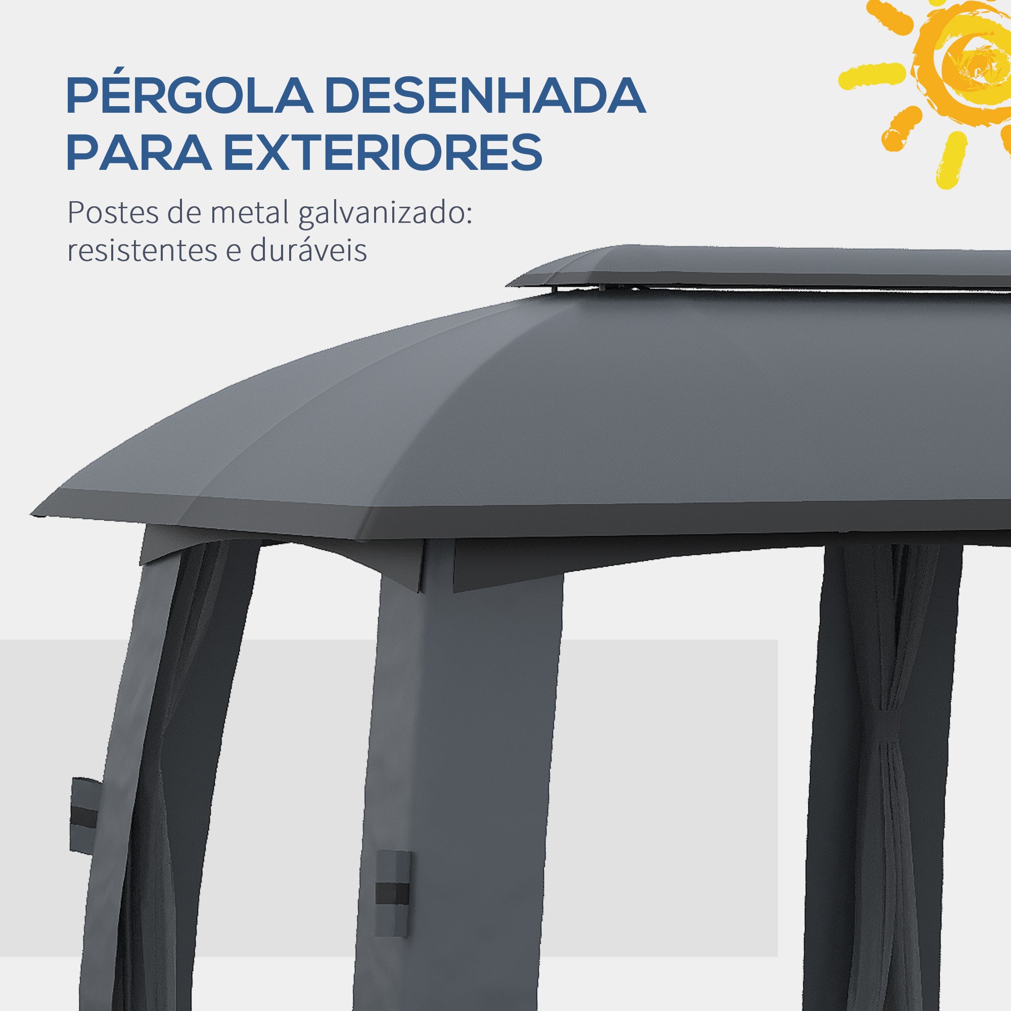Pérgola de Jardim – 300x600x278 cm – Cinza Escuro – Metal galvanizado, poliéster e nylon